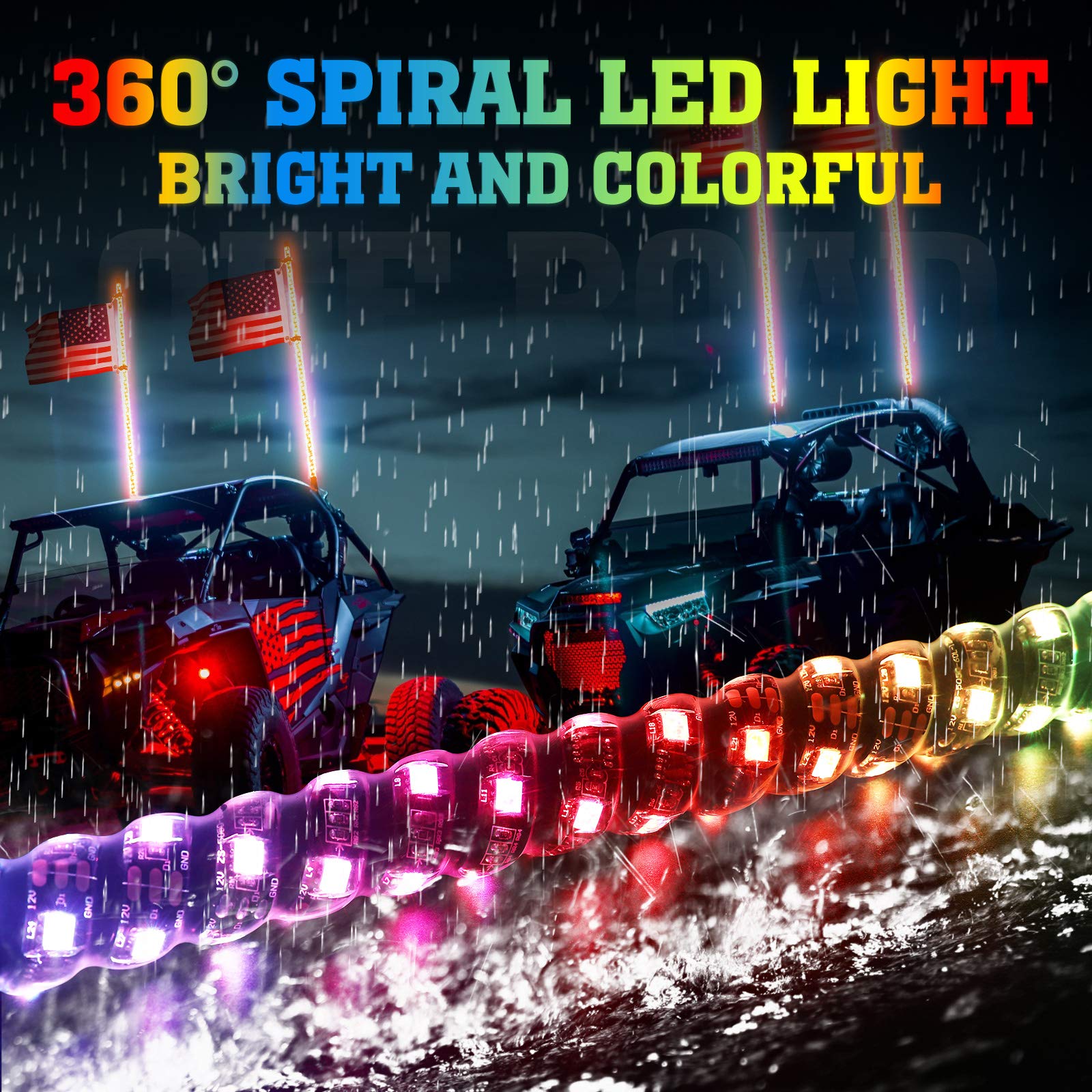Photo of 3FT Spiral Whip Light with RF Remote Control, 366 colors, 2 pcs by Kemimoto - Premium for UTVs / Side by Sides