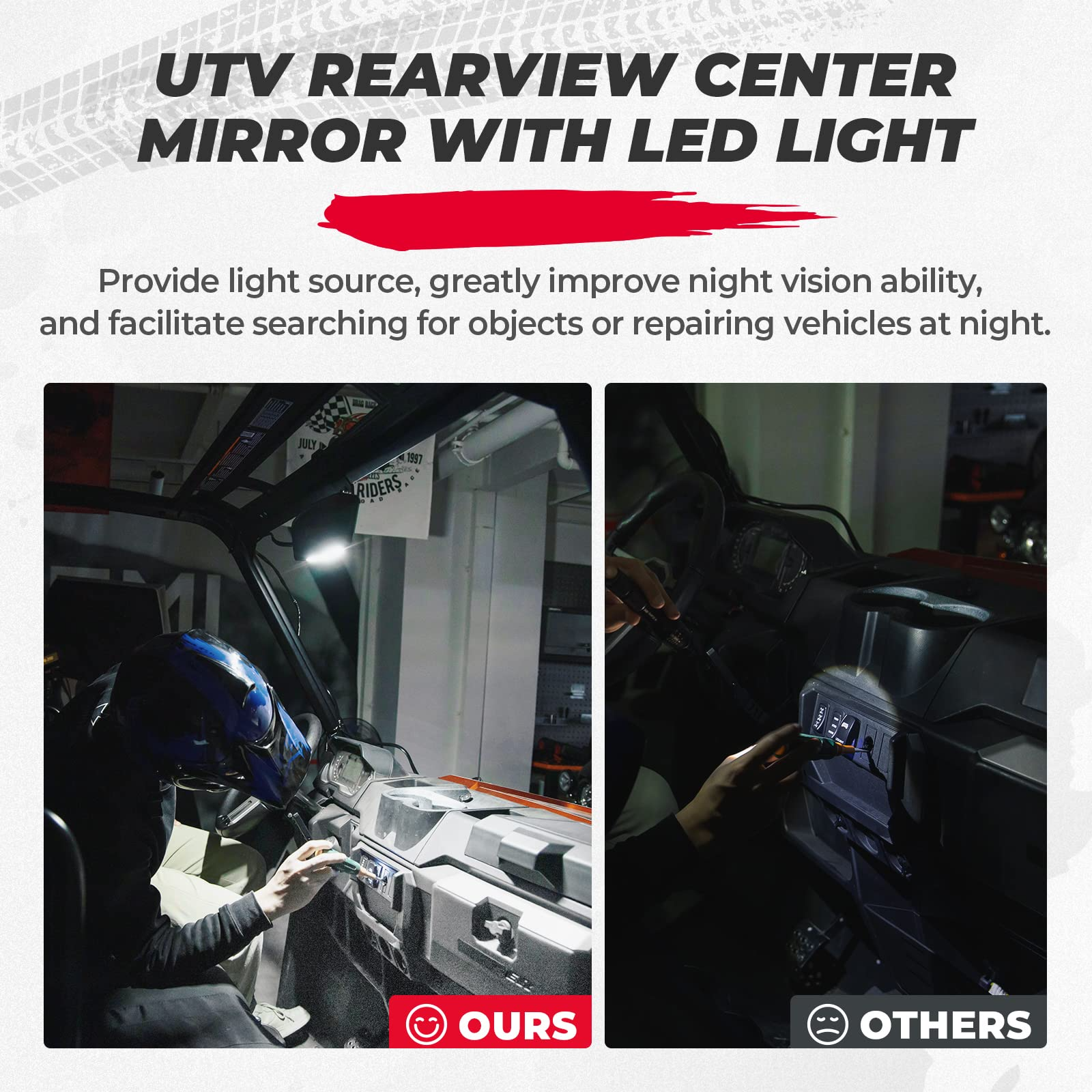 Photo of UTV Rear View Mirror with LED Light for Polaris Ranger/ Defender 2015-2024 by Kemimoto - Premium for UTVs / Side by Sides
