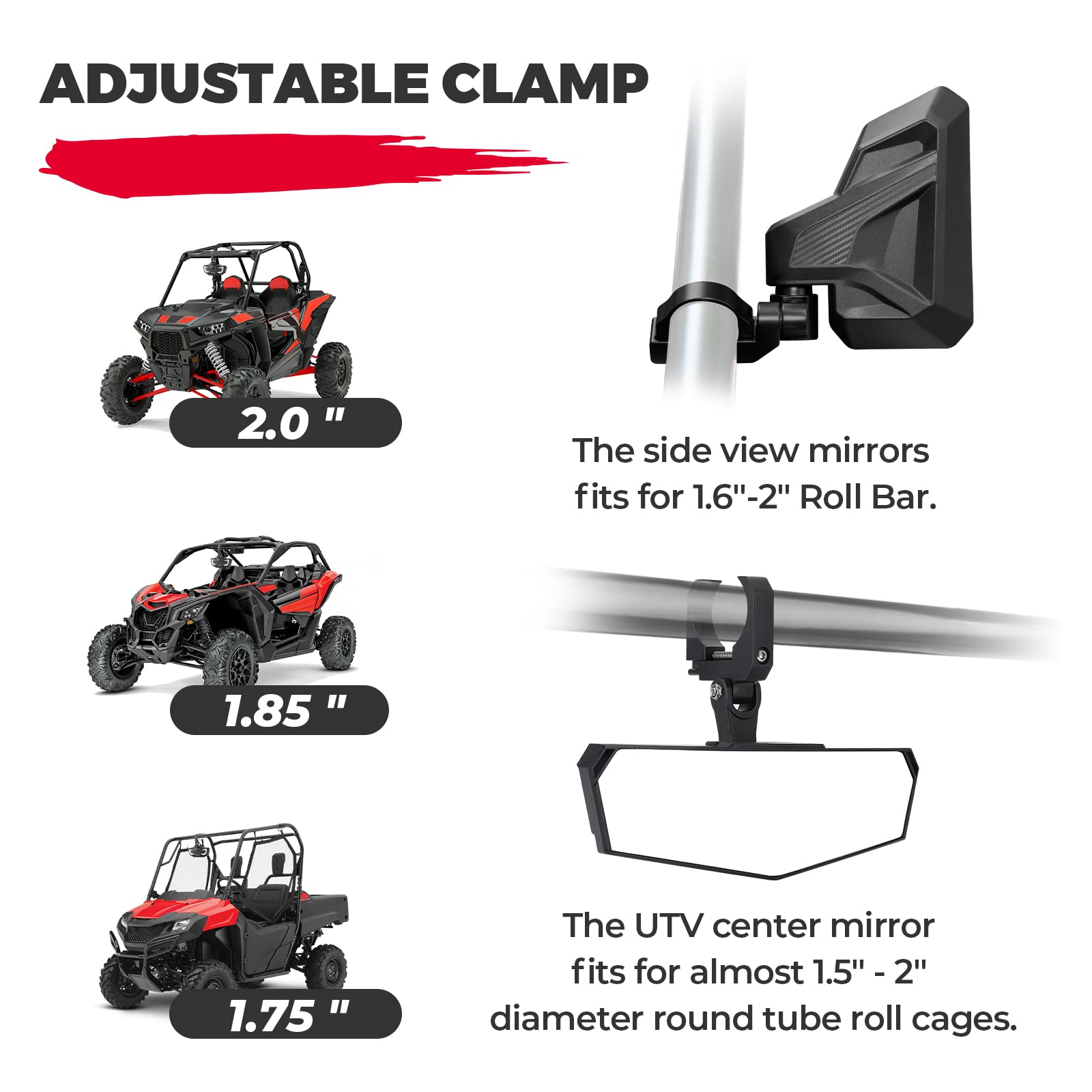 Photo of UTV Side Mirrors and Center Mirror for Can Am Maverick X3/ RZR w/ 1.6"-2" Roll Bar by Kemimoto - Premium for UTVs / Side by Sides