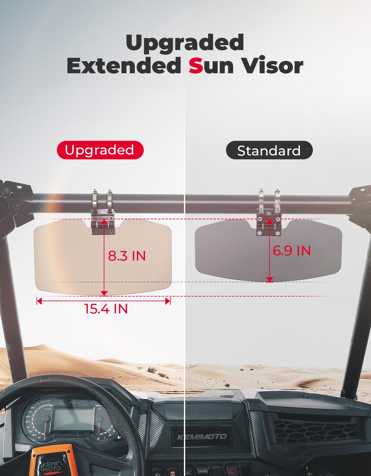 Photo of Oversized Upgraded UTV Sun Visor Mirror for 1.5”-2” Roll Bars by Kemimoto - Premium for UTVs / Side by Sides