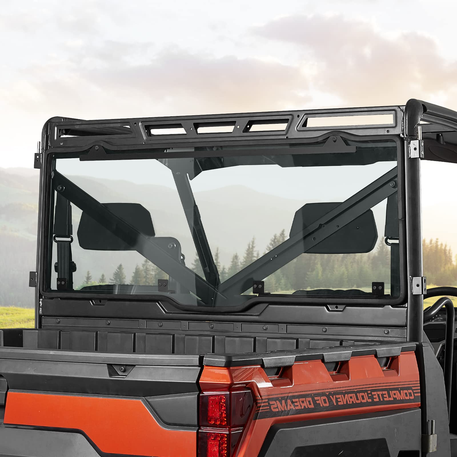 Photo of UTV Rear Windshield (Fit Roof) for Polaris Ranger XP 1000/Crew 2017-2025 by Kemimoto - Premium for UTVs / Side by Sides
