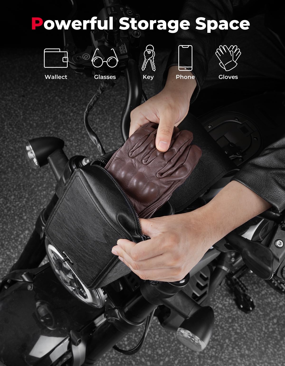 Photo of Handlebar T-Bar Bag for Cruiser Softail Dyna Sportsters by Kemimoto - Premium for UTVs / Side by Sides