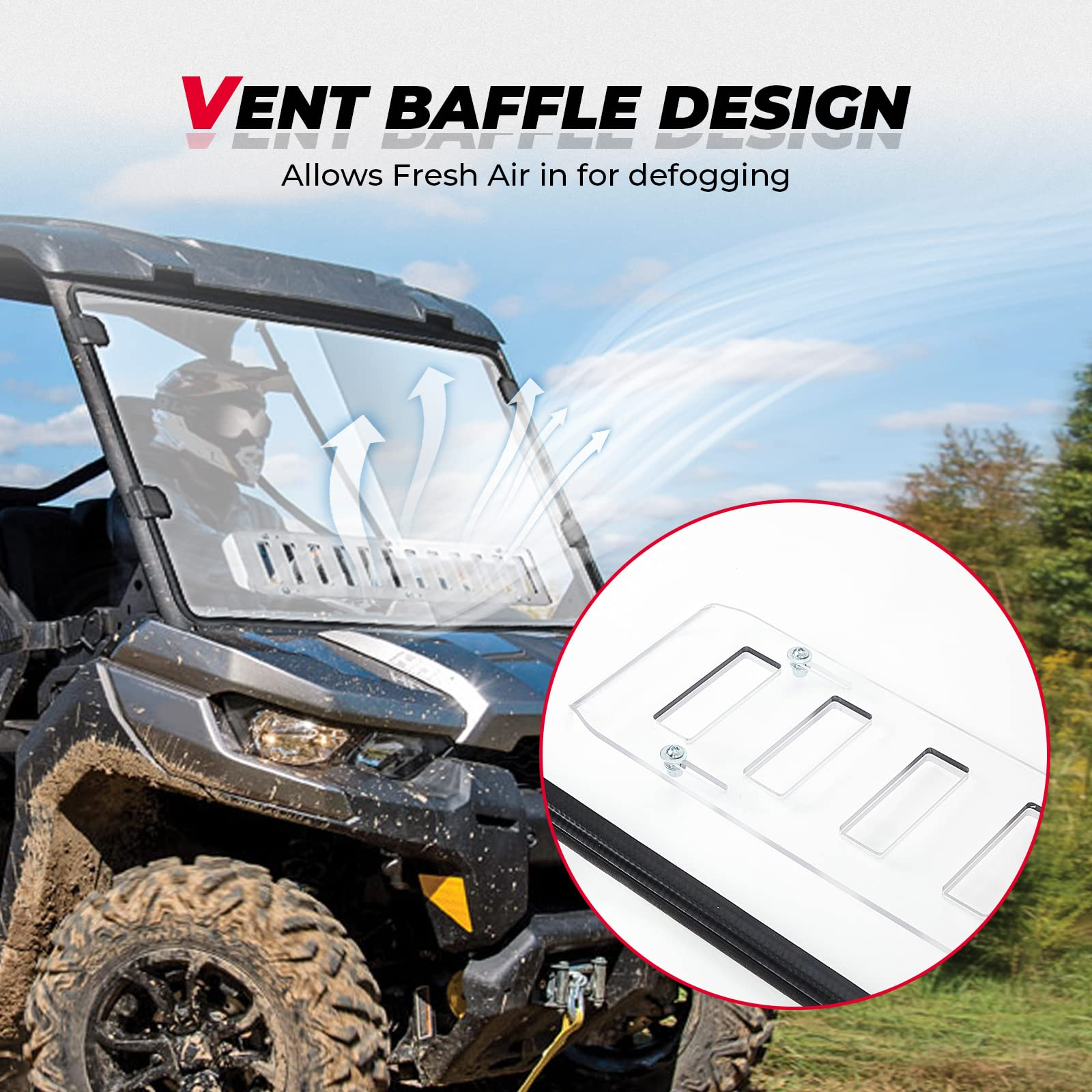 Photo of Rear & Front Vented Full Windshield for Can Am Defender by Kemimoto - Premium for UTVs / Side by Sides