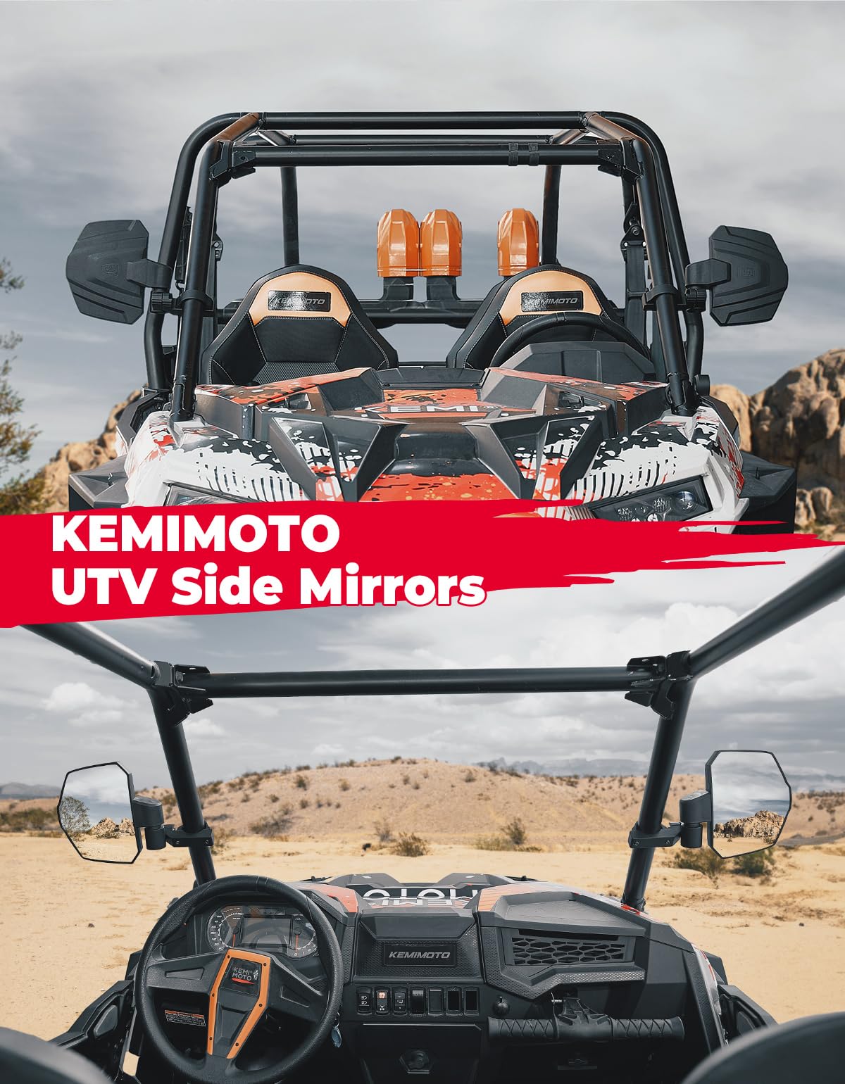Photo of UTV Universal Large View Side Mirrors for 1.65"-2" Roll Bar by Kemimoto - Premium for UTVs / Side by Sides