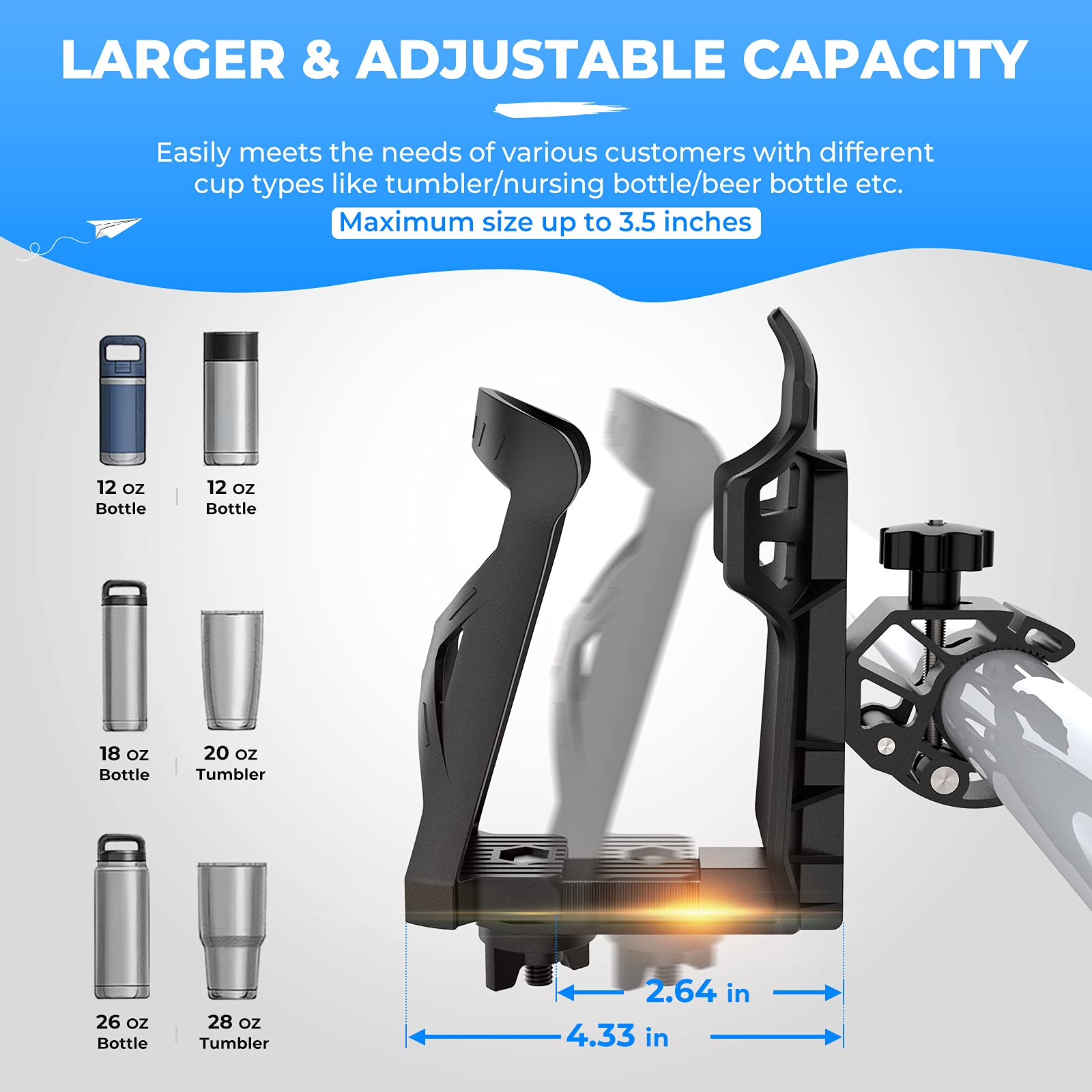 Photo of Upgraded Drink Holder with 0.6”-1.75” Metal Clamp for Motorcycles by Kemimoto - Premium for UTVs / Side by Sides