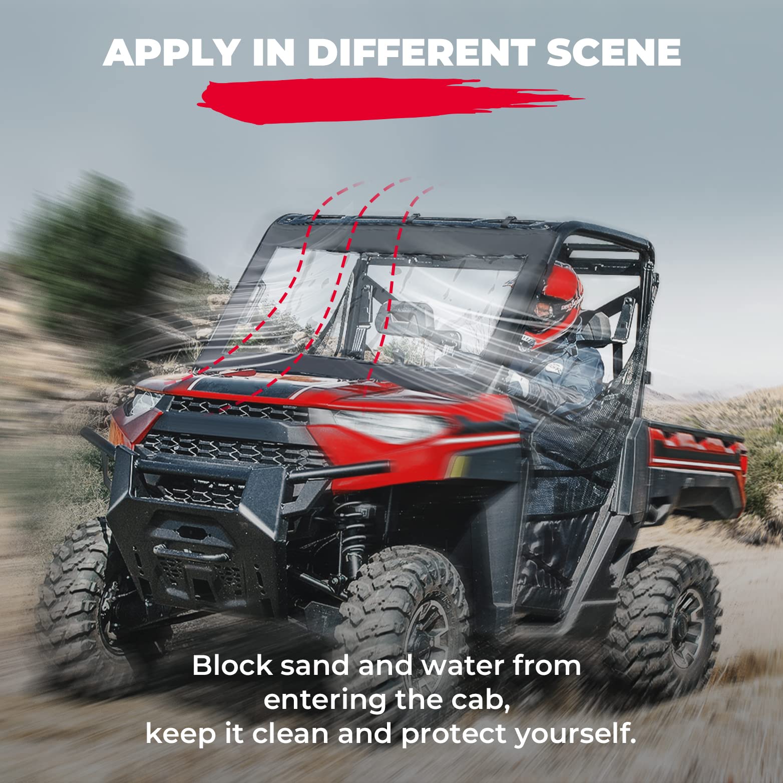 Photo of Soft Front Windshield, PVC Waterproof Panel for Ranger XP 1000 / Crew 2017-2024 by Kemimoto - Premium for UTVs / Side by Sides