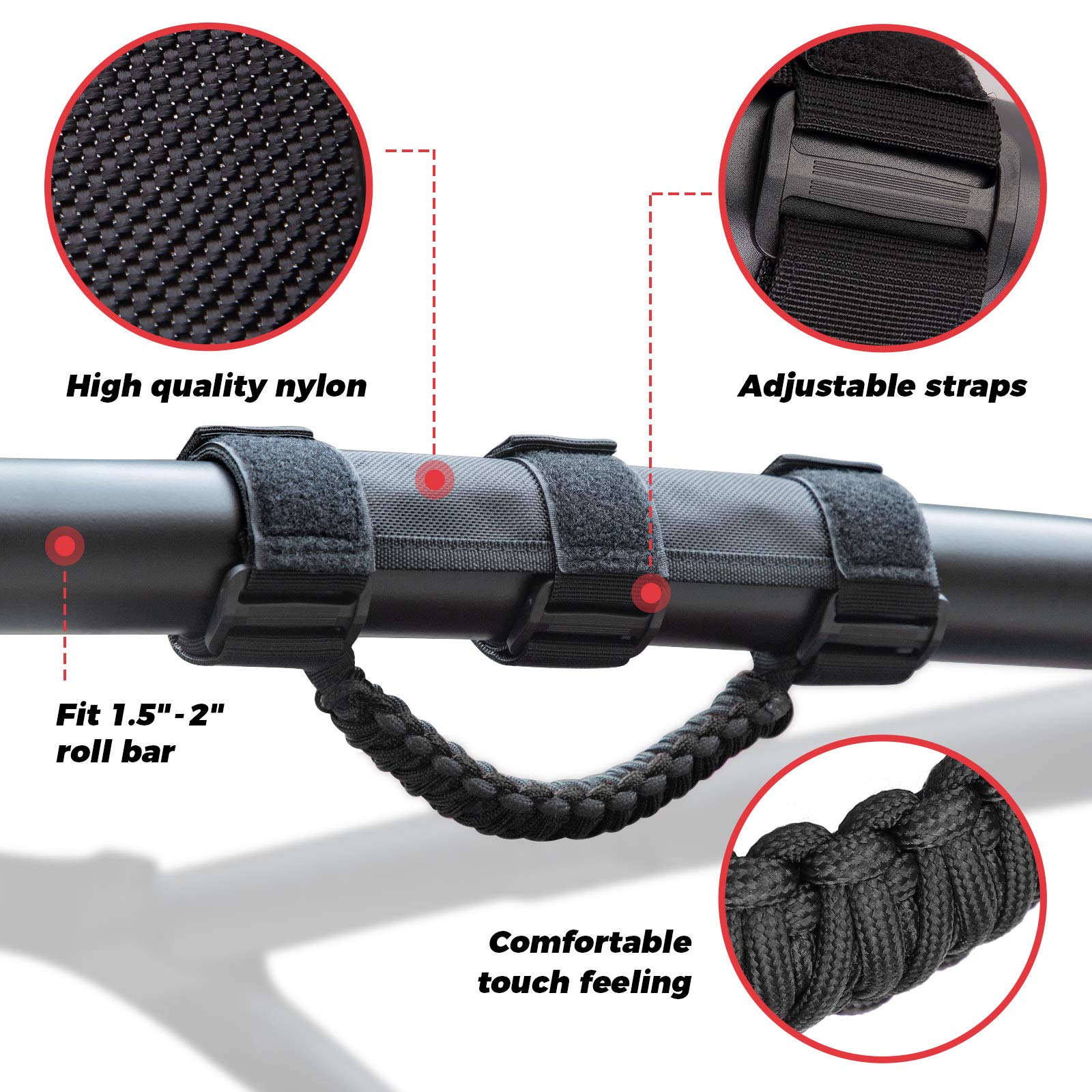 Photo of UTV Universal Heavy Duty Grips, Grab Handle Fit 1.5-2” Roll Bar by Kemimoto - Premium for UTVs / Side by Sides