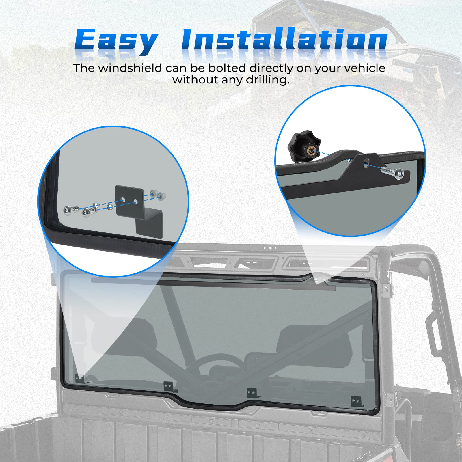 Photo of UTV Rear Windshield (Fit Roof) for Polaris Ranger XP 1000/Crew 2017-2025 by Kemimoto - Premium for UTVs / Side by Sides