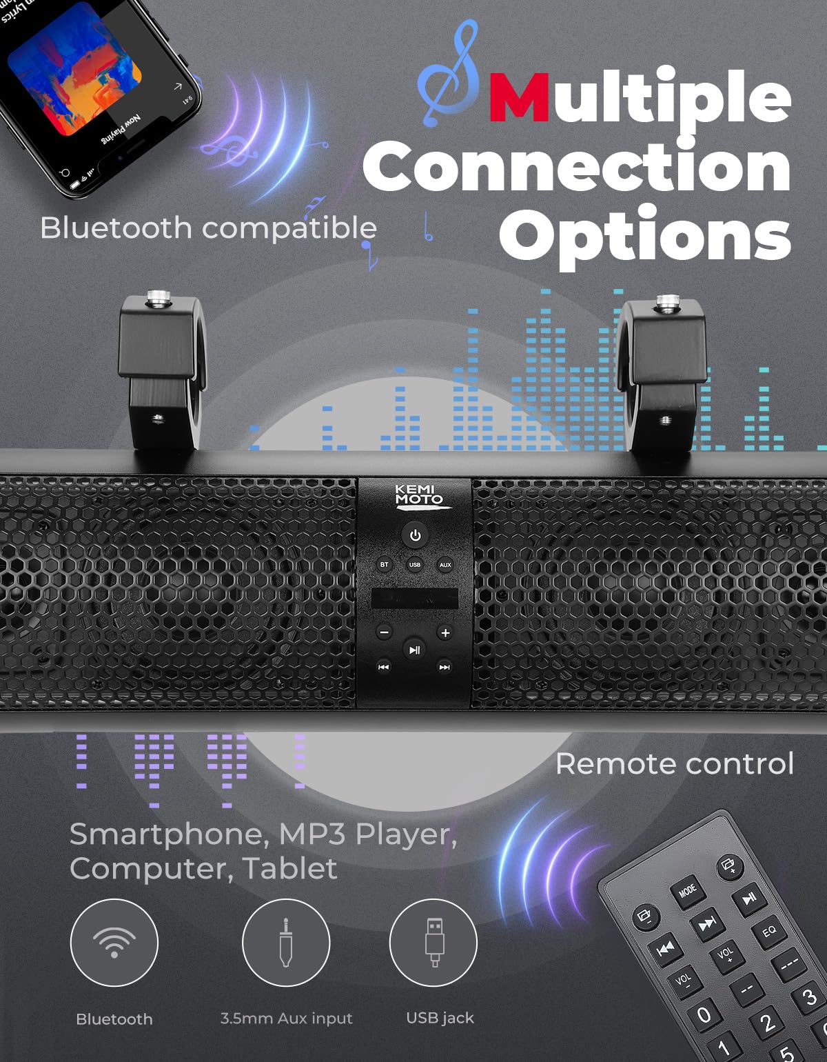 Photo of UTV RGB Bluetooth Sound Bar & T-bracket (2PCS) by Kemimoto - Premium for UTVs / Side by Sides