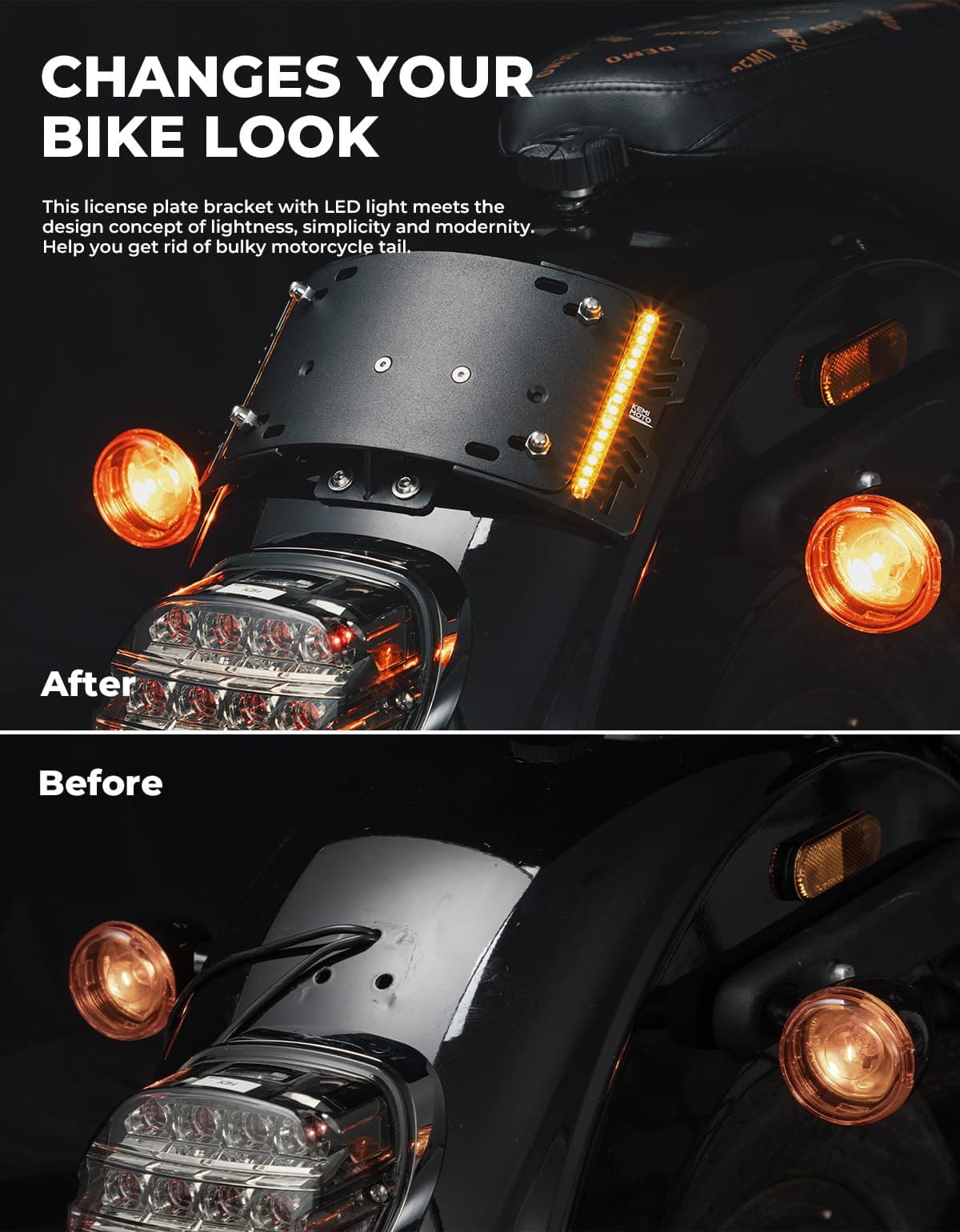 Photo of License Plate Bracket Holder W/ Amber LED Light for Softail Cruiser Low Rider by Kemimoto - Premium for UTVs / Side by Sides