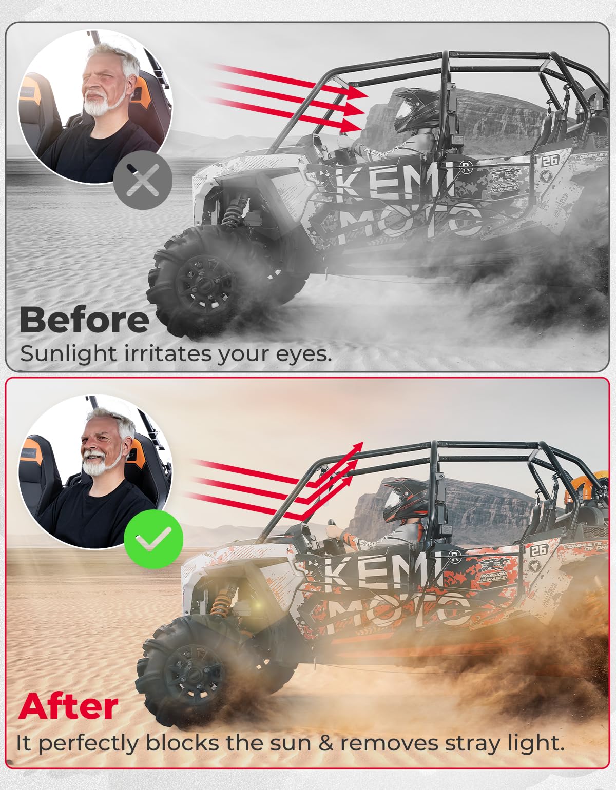 Photo of UTV Sun Visor Fit 1.5-2 in Roll Bars UTV Side X Side with Windshield by Kemimoto - Premium for UTVs / Side by Sides