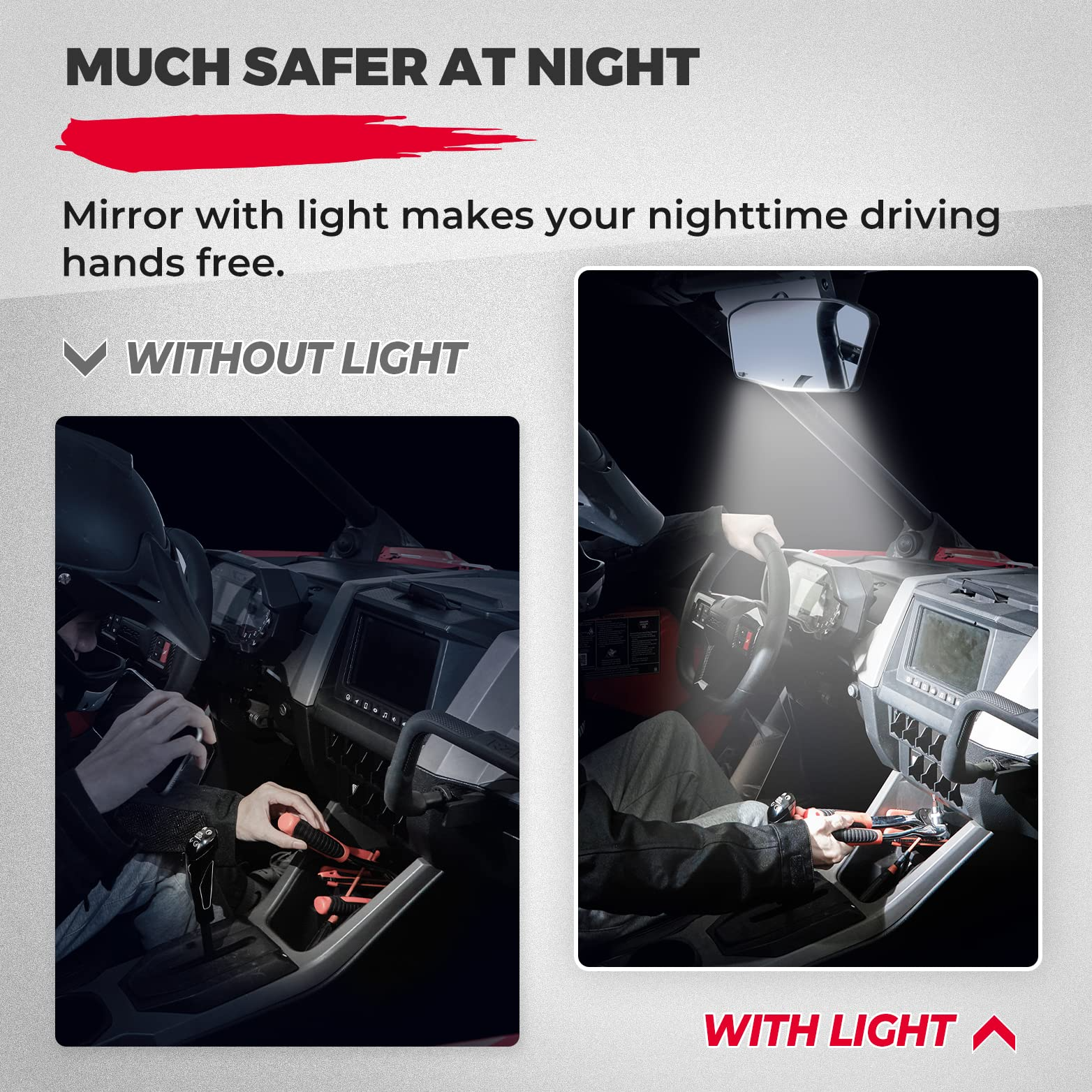Photo of Rear View Mirror With Lights Fit 1.75"-2" Round Roll Bar by Kemimoto - Premium for UTVs / Side by Sides