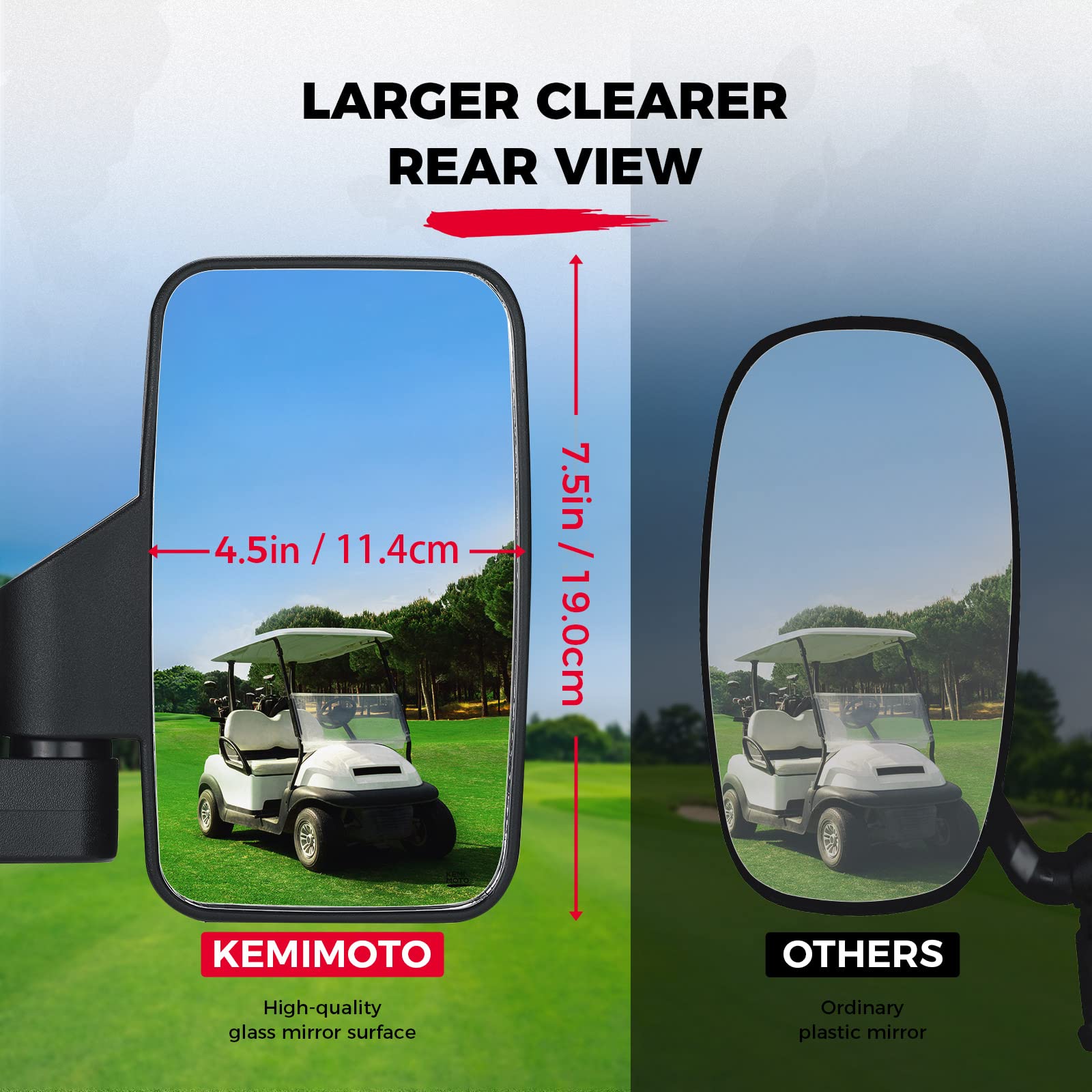 Photo of Golf Cart Side Mirrors for 0.75"-1.25" Square Rail by Kemimoto - Premium for UTVs / Side by Sides
