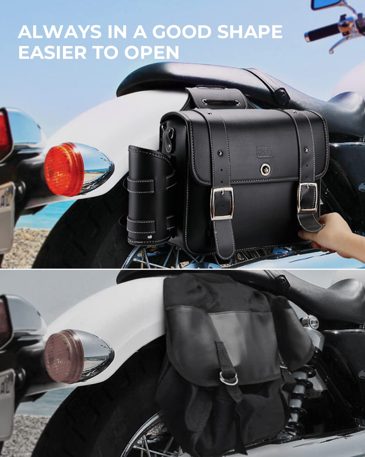 Photo of 20L PU Leather Saddlebags With Cup Holder for Sportster Softail Dyna (1 Pair) by Kemimoto - Premium for UTVs / Side by Sides