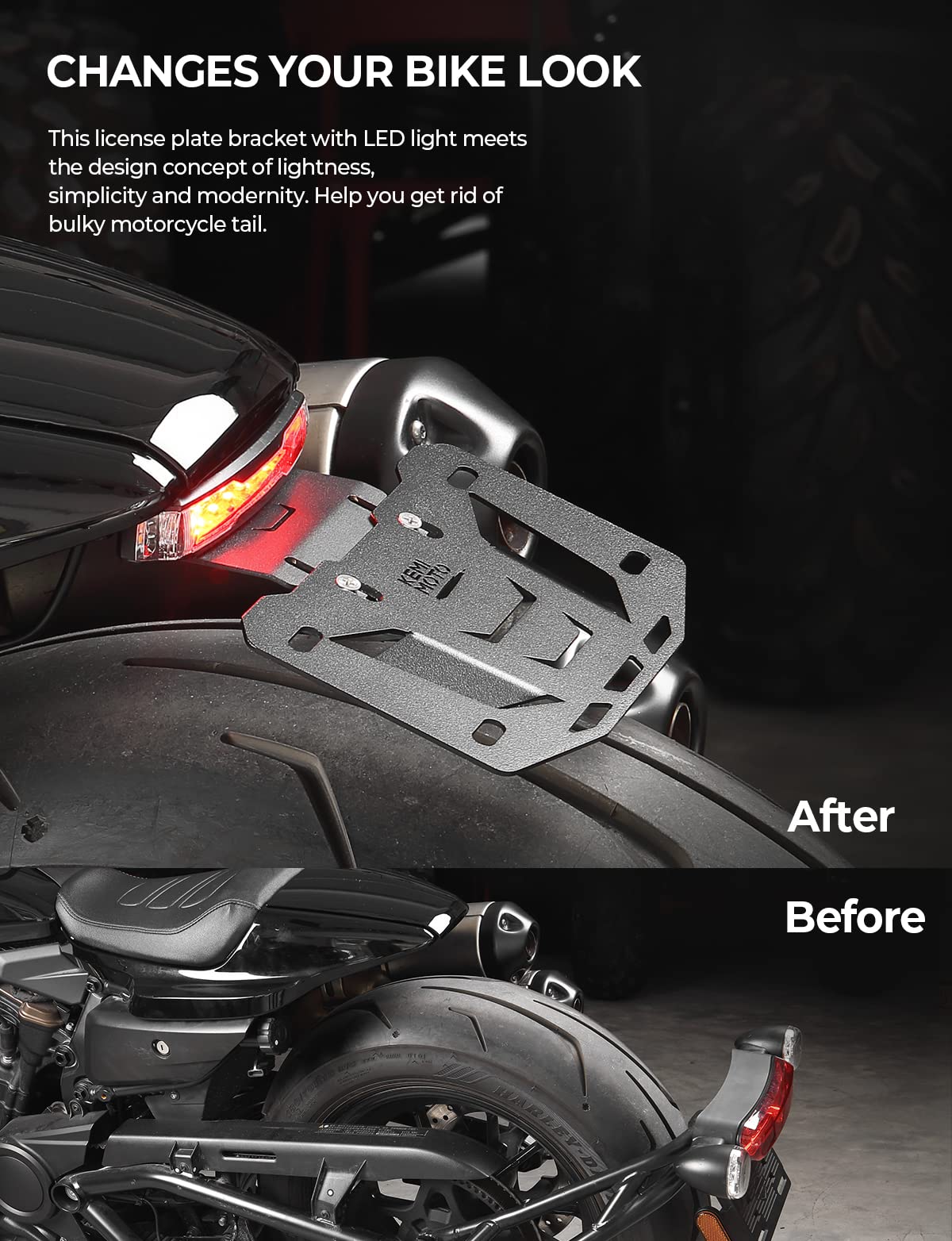 Photo of Motorcycle License Plate Bracket with LED Signal Light by Kemimoto - Premium for UTVs / Side by Sides