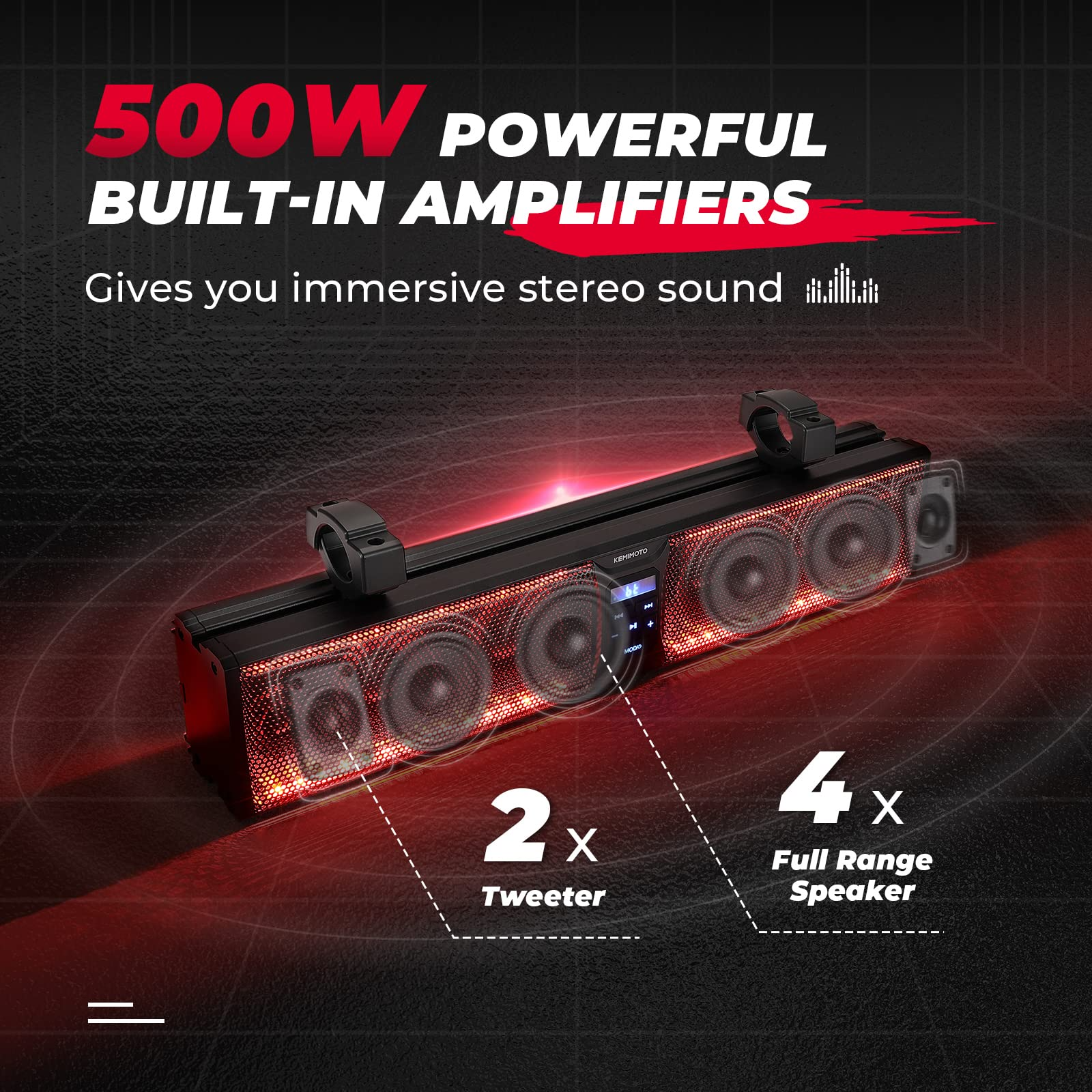 Photo of 6 Speaker 26 Inch RGB Bluetooth Sound Bar for Can Am Maverick/X3/ Trail/ Defender/ Commander by Kemimoto - Premium for UTVs / Side by Sides