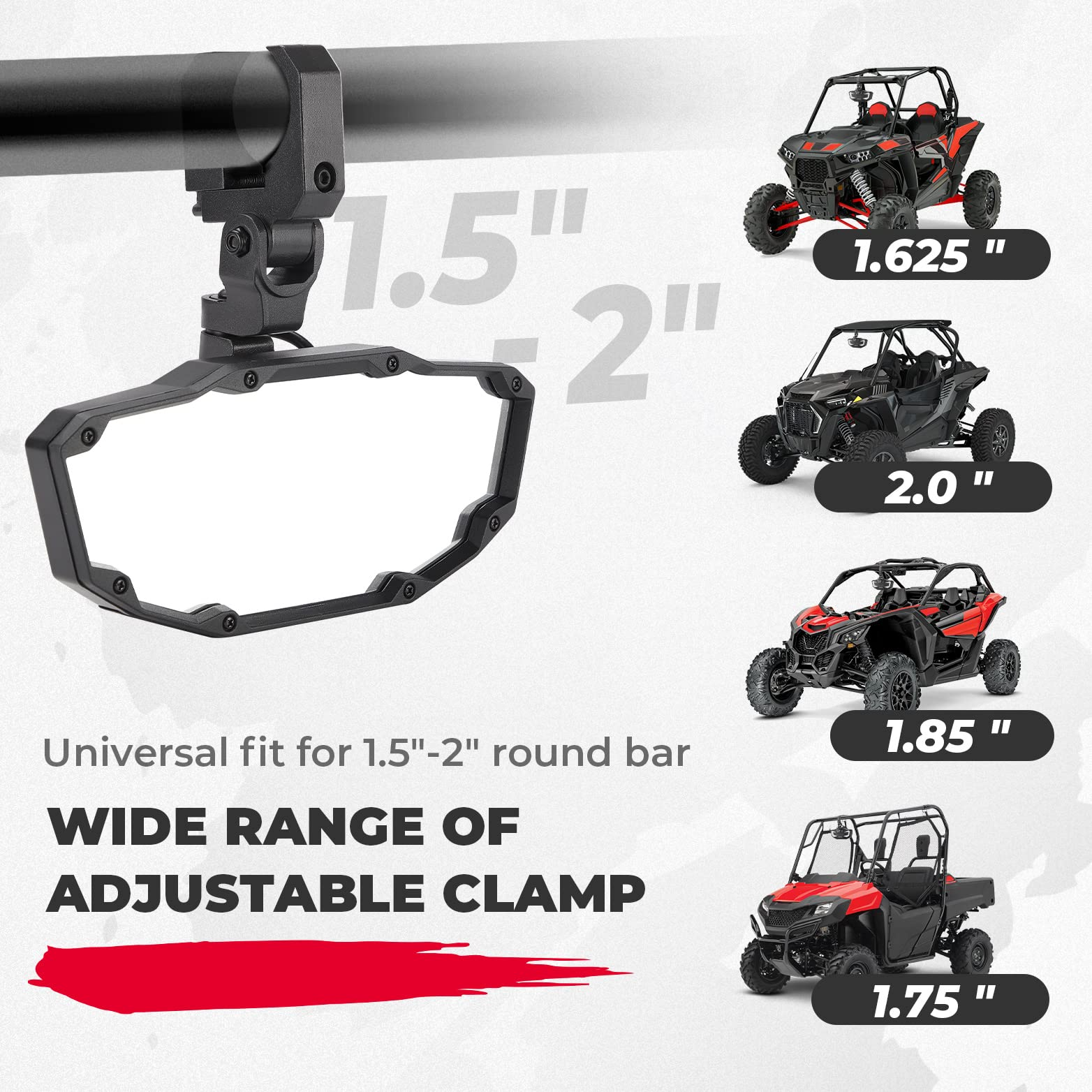 Photo of Rear View Mirror with Light Built-in Rechargeable Battery for 1.65" -2" Roll Bar by Kemimoto - Premium for UTVs / Side by Sides
