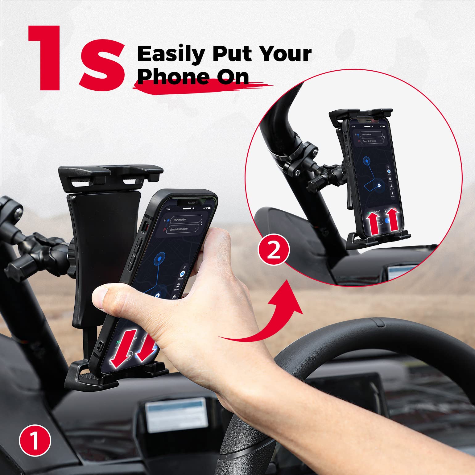 Photo of Universal Phone Holder for 0.6-1.25"/1.5-1.75" Roll Bar by Kemimoto - Premium for UTVs / Side by Sides