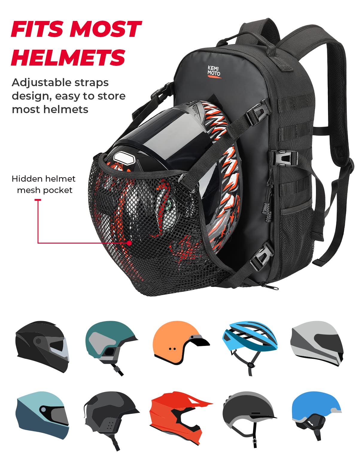 Photo of 20L Motorcycle Helmet Backpack with Hidden Helmet Net by Kemimoto - Premium for UTVs / Side by Sides