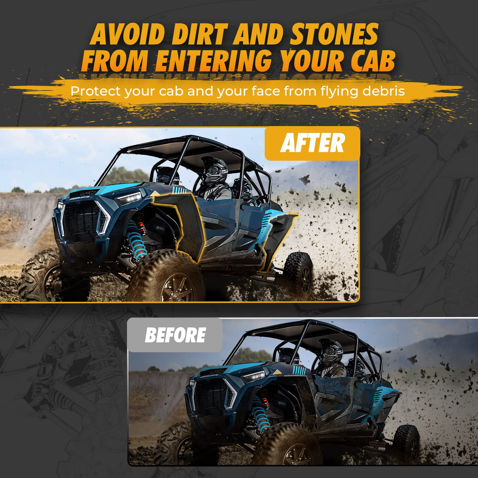 Photo of Fender Flares 8.5 Inch Mud Flap for Polaris RZR XP 1000/4 by Kemimoto - Premium for UTVs / Side by Sides