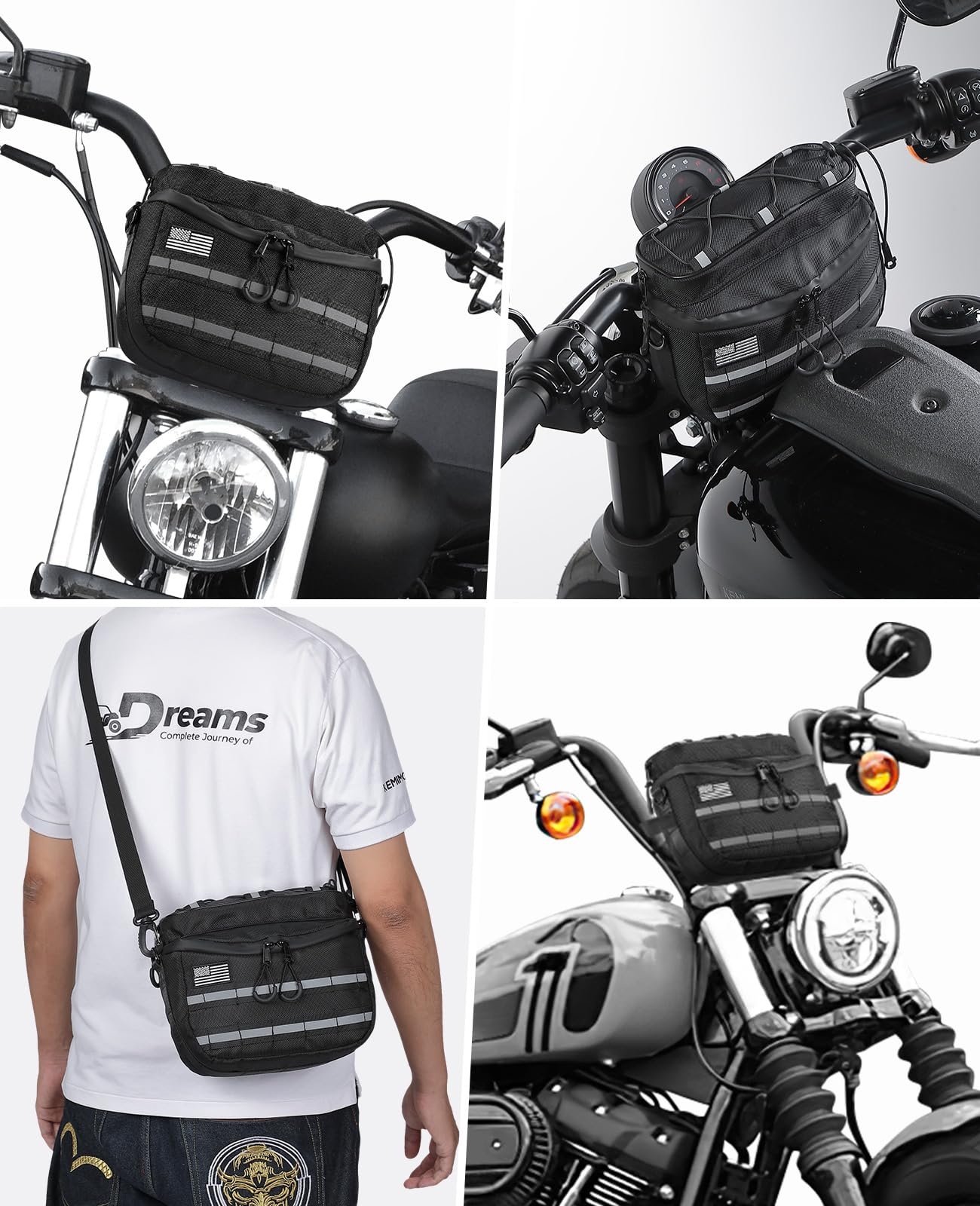 Photo of Motorcycle Handlebar Bag with Reflective Strips for Cruiser Softail Dyna Sportsters by Kemimoto - Premium for UTVs / Side by Sides