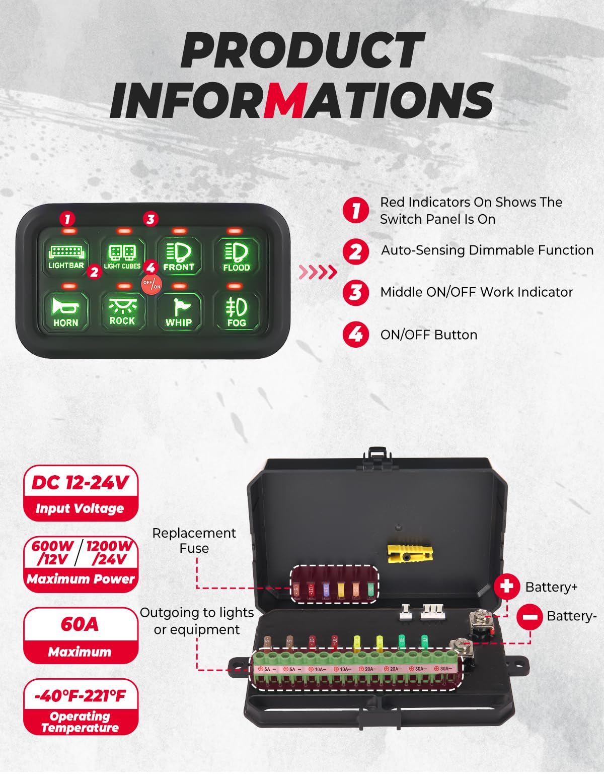 Photo of Kemimoto 12-24V 8 Gang Switch Panel for Cars, UTVs, Trucks, Wrangler & RZR X3 by Kemimoto - Premium for UTVs / Side by Sides