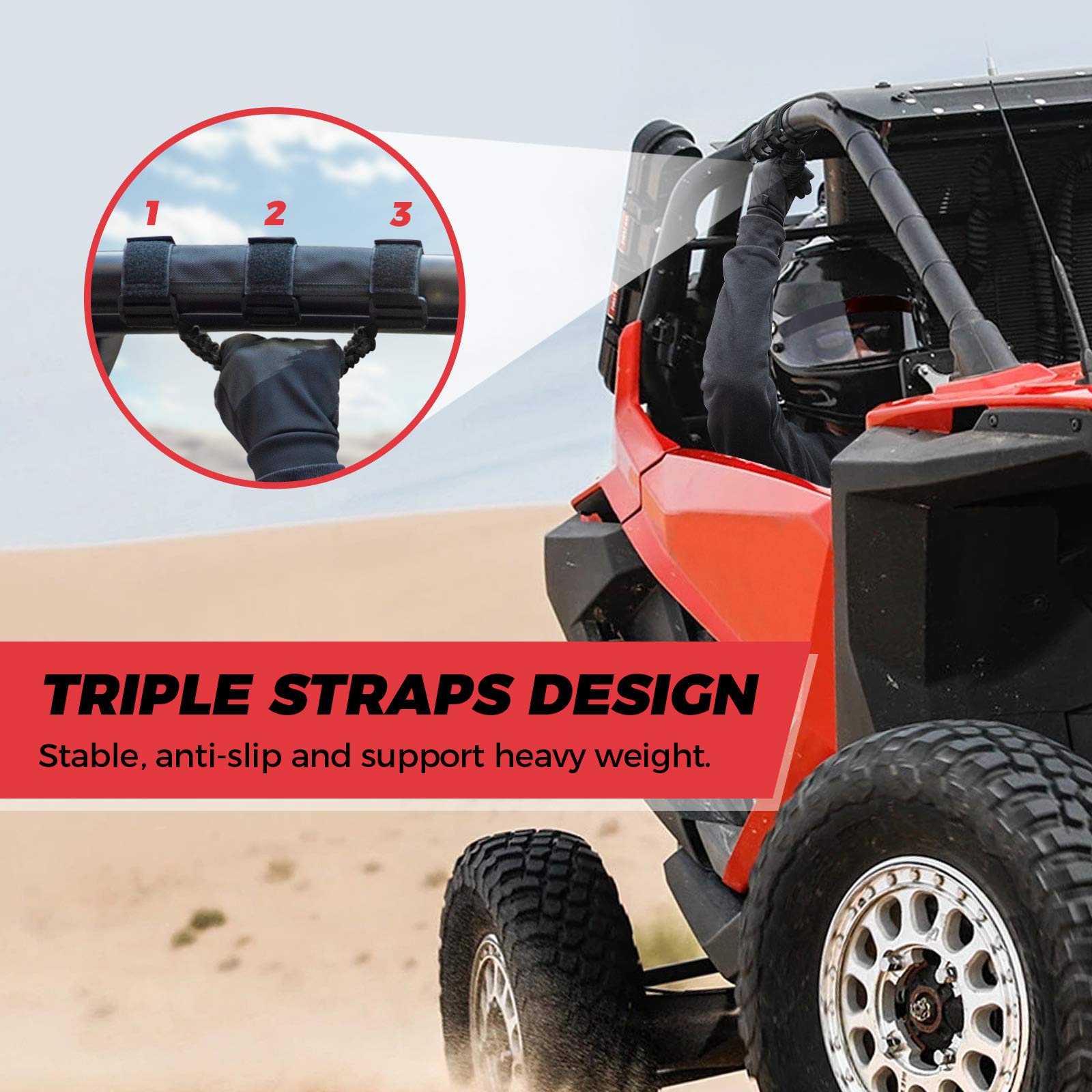 Photo of UTV Universal Heavy Duty Grips, Grab Handle Fit 1.5-2” Roll Bar by Kemimoto - Premium for UTVs / Side by Sides