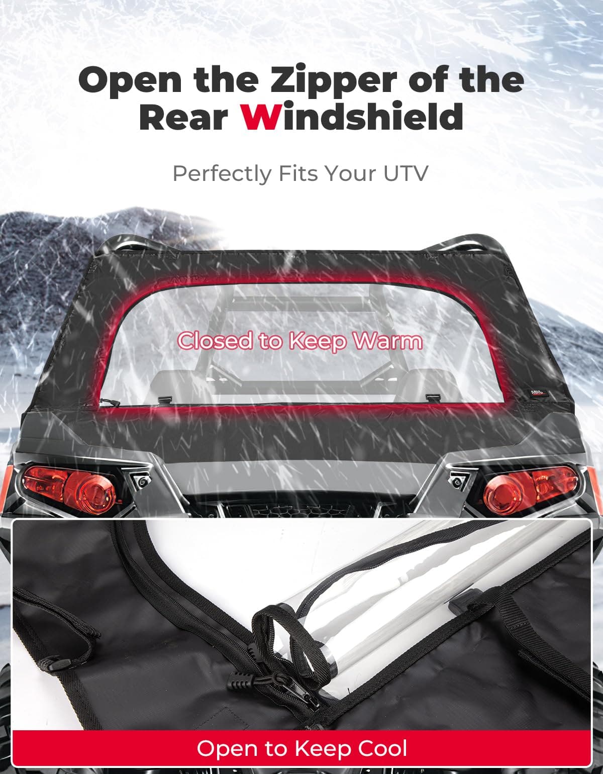 Photo of UTV Rear Windshield with Zipper for Polaris RZR 570, RZR Trail 570, 800, S 800, 900 by Kemimoto - Premium for UTVs / Side by Sides