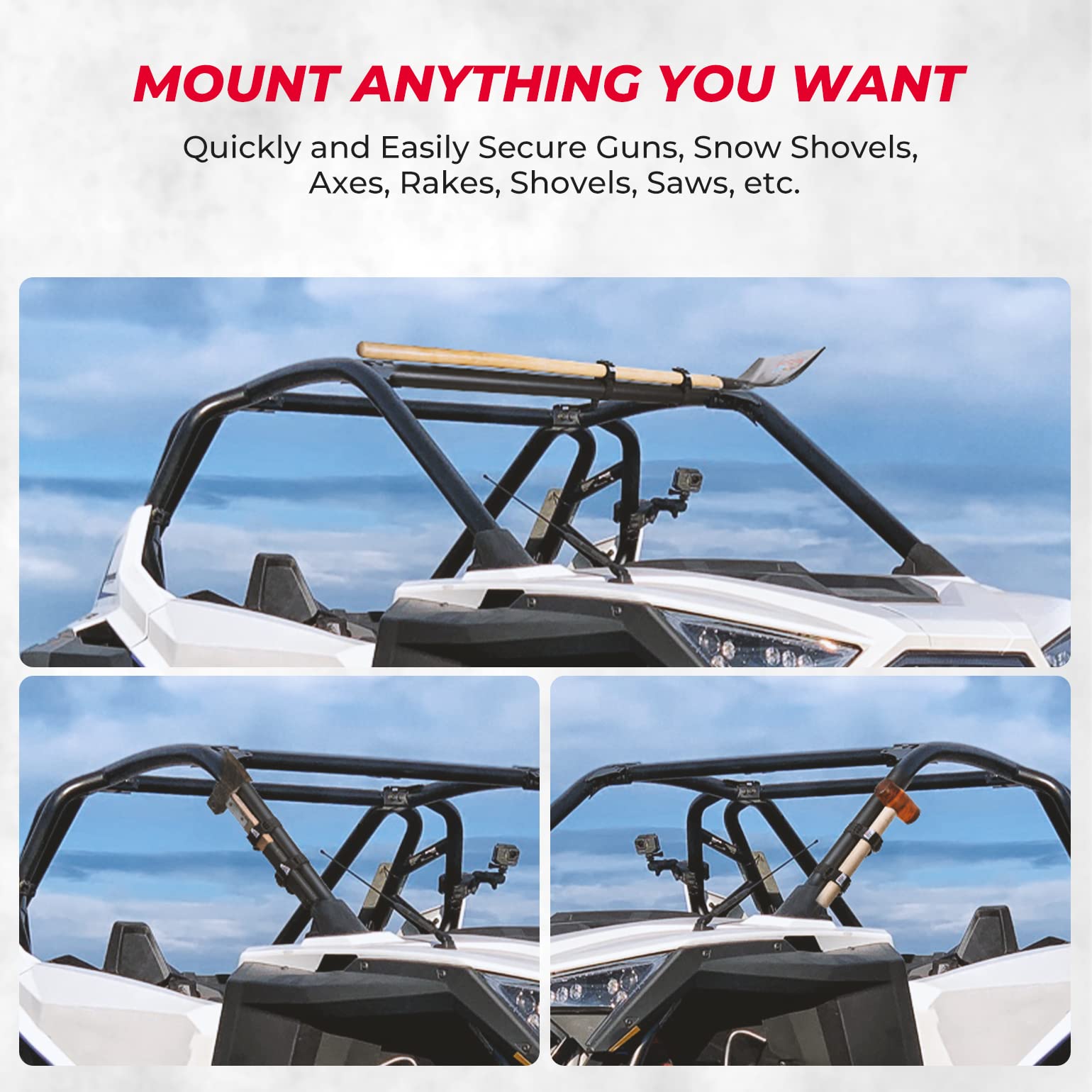 Photo of Shovel Holder Rubber Roof Rack Straps Fits 1.5"-3.5" Diameter Tools by Kemimoto - Premium for UTVs / Side by Sides