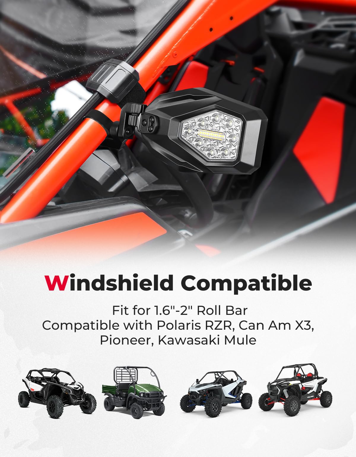 Photo of Side Mirrors with LED Turn Lights for Can Am Maverick X3/ RZR w/ 1.6"-2" Roll Bar by Kemimoto - Premium for UTVs / Side by Sides