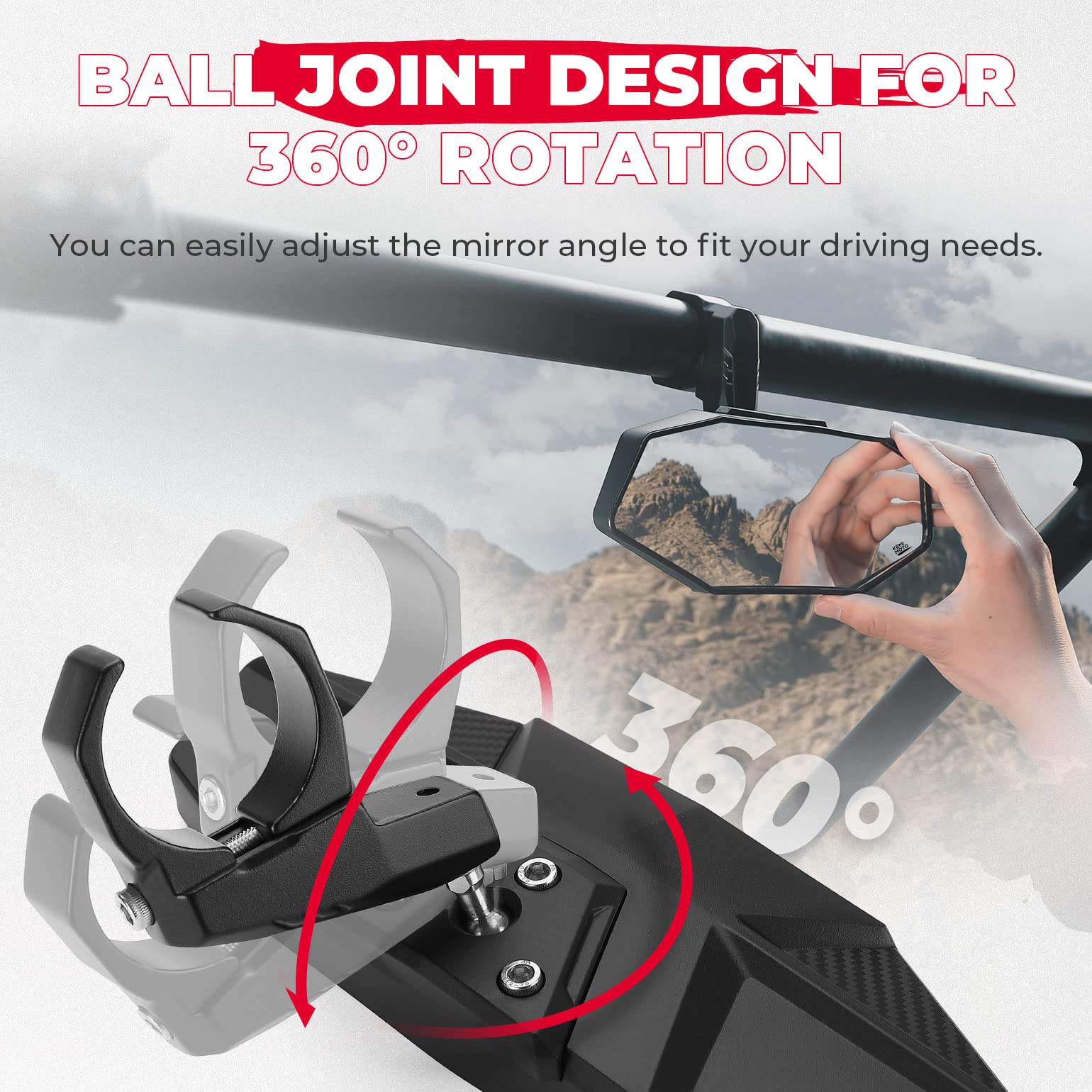 Photo of Upgraded UTV Rear View Mirror for 1.6"-2" Roll Bar Mount by Kemimoto - Premium for UTVs / Side by Sides