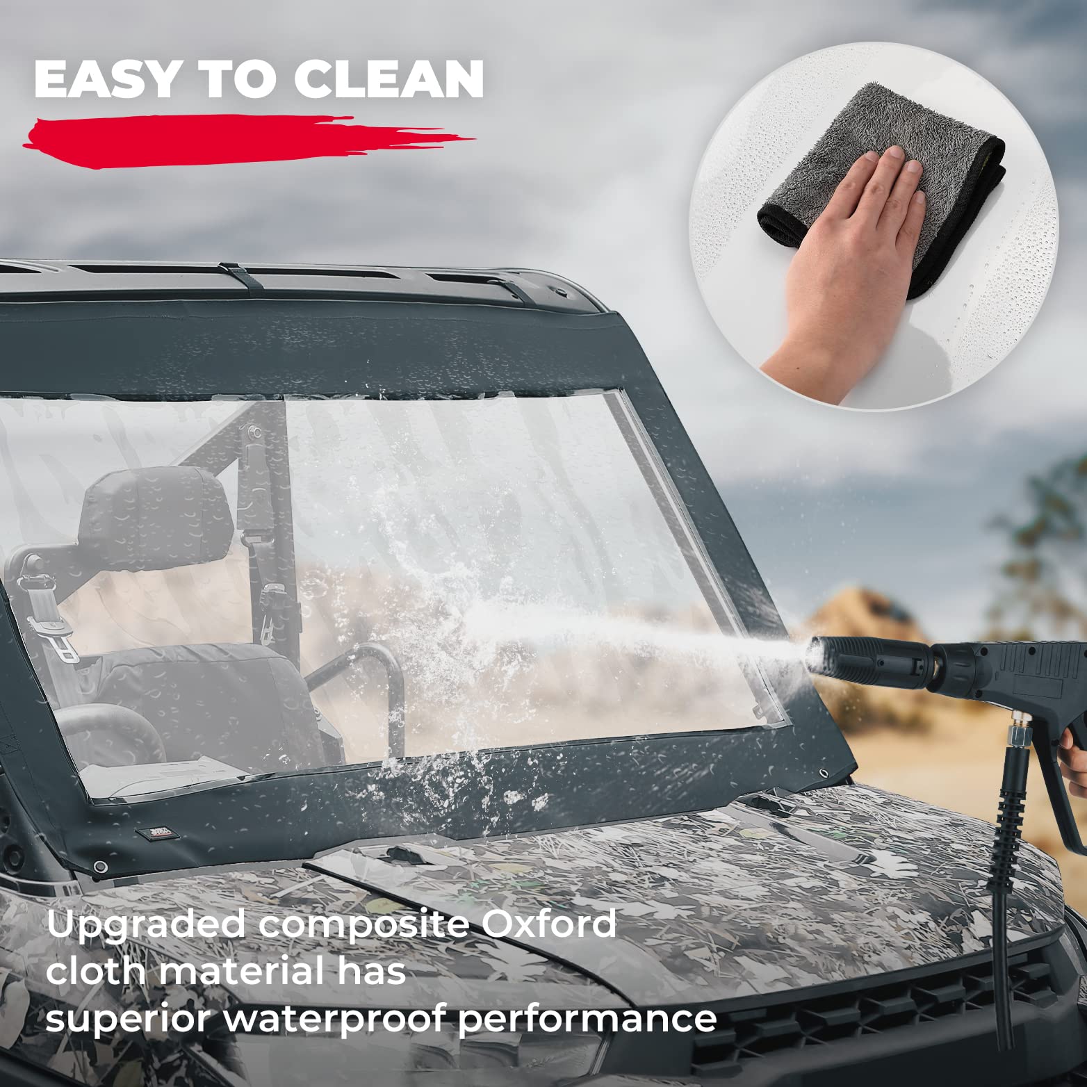 Photo of Soft Front Windshield, PVC Waterproof Panel for Ranger XP 1000 / Crew 2017-2024 by Kemimoto - Premium for UTVs / Side by Sides