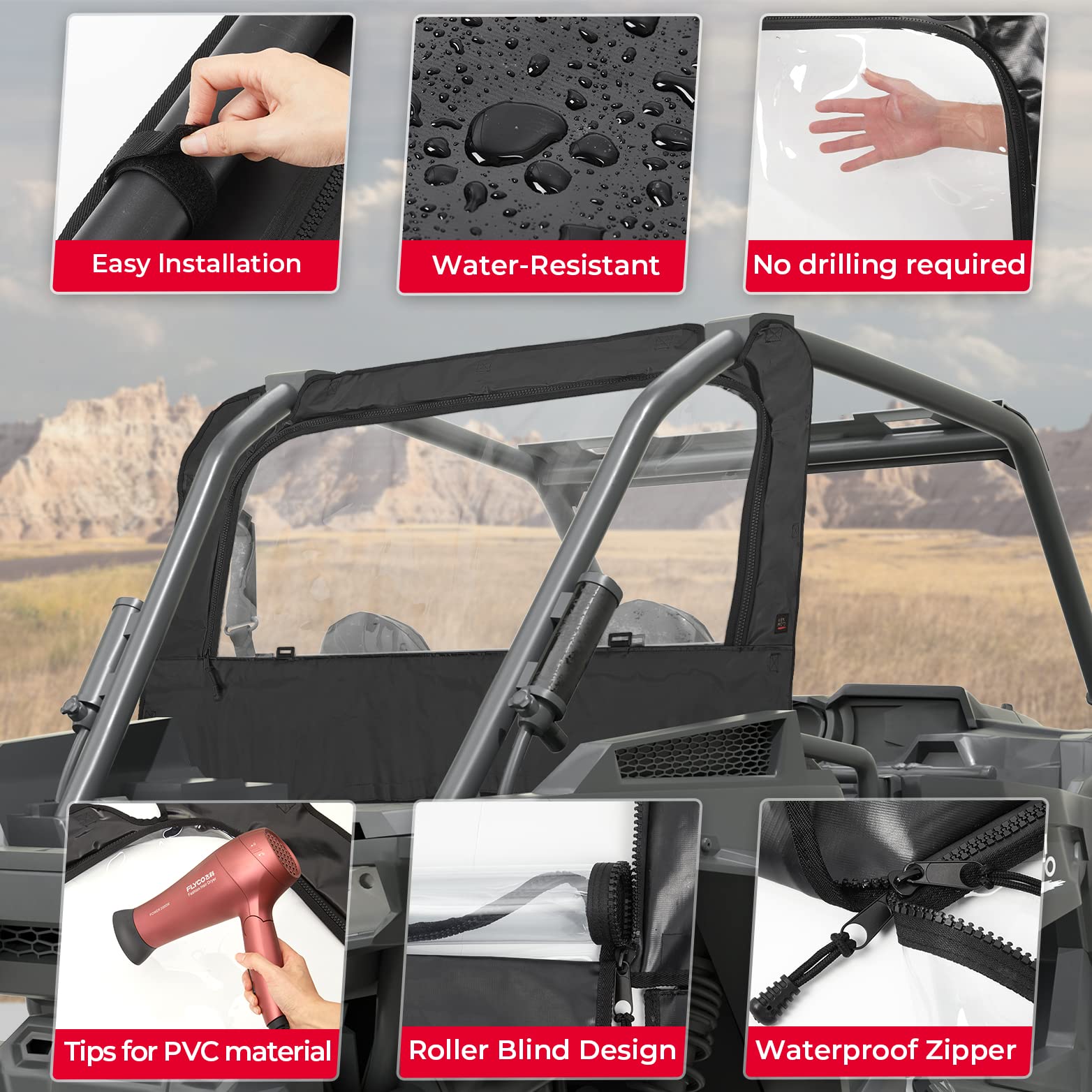 Photo of Soft Rear Windshield for Polaris RZR XP 1000 /4 2014-2023 by Kemimoto - Premium for UTVs / Side by Sides