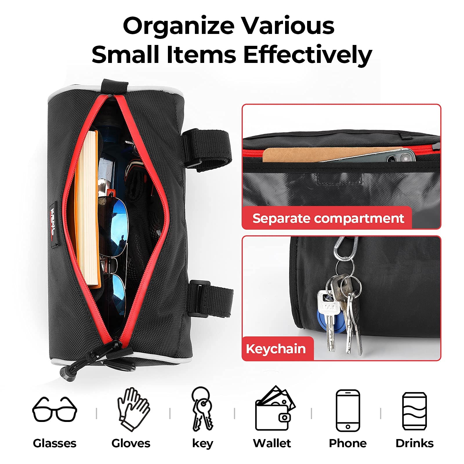 Photo of Motorcycle Handlebar Bag 3.5L for Ruckus, Mini Bike, Scooter, UTV, Adventure Touring by Kemimoto - Premium for UTVs / Side by Sides