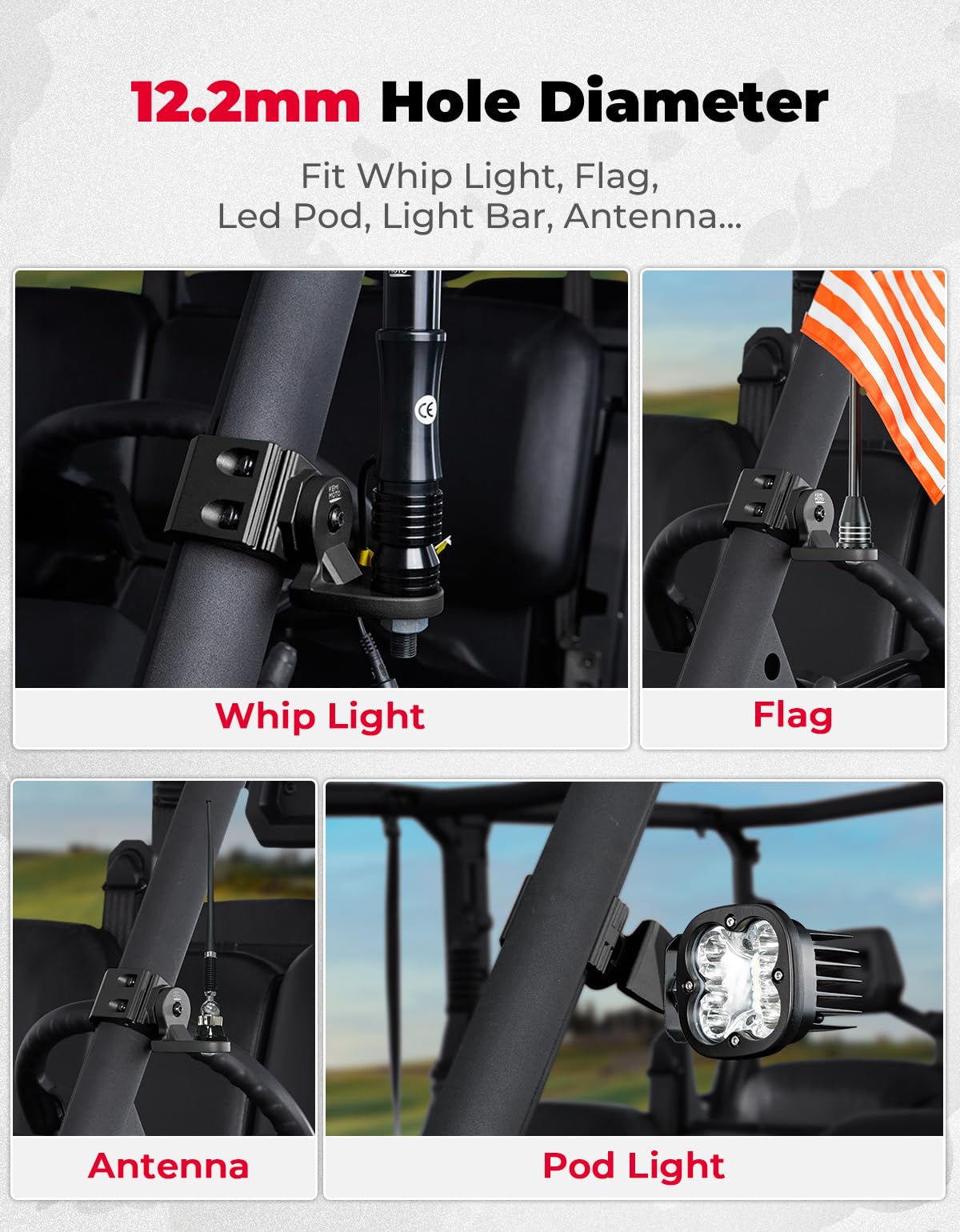 Photo of UTV Whip Light Flag Mounts fit Pro-Fit Cage by Kemimoto - Premium for UTVs / Side by Sides
