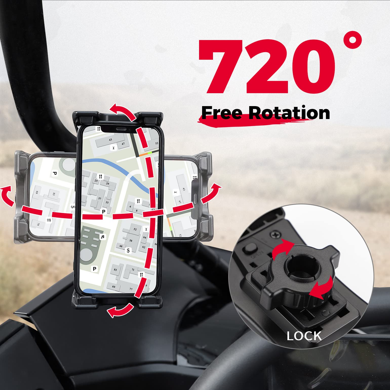 Photo of Universal Phone Holder for 0.6-1.25"/1.5-1.75" Roll Bar by Kemimoto - Premium for UTVs / Side by Sides