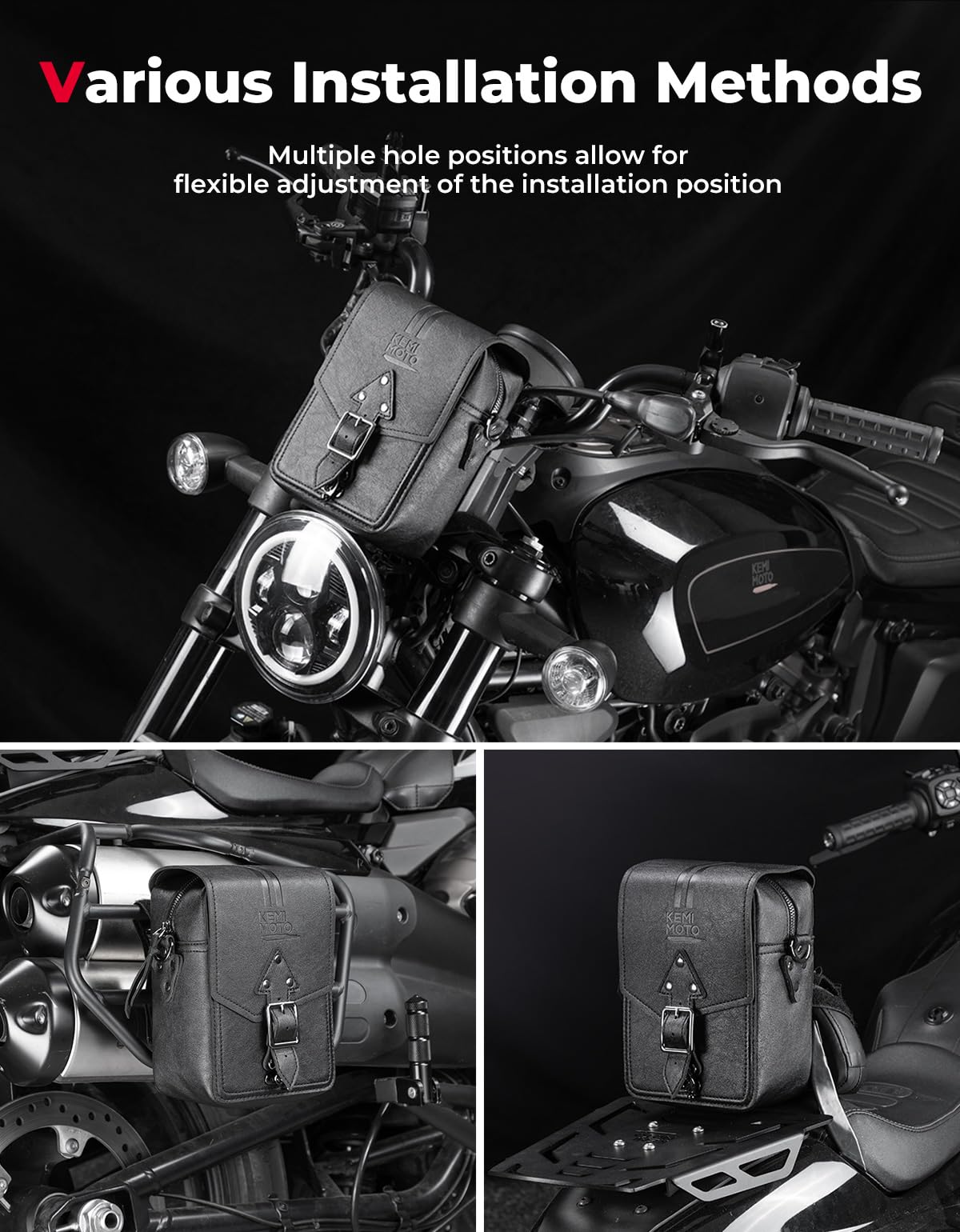 Photo of Handlebar T-Bar Bag for Cruiser Softail Dyna Sportsters by Kemimoto - Premium for UTVs / Side by Sides