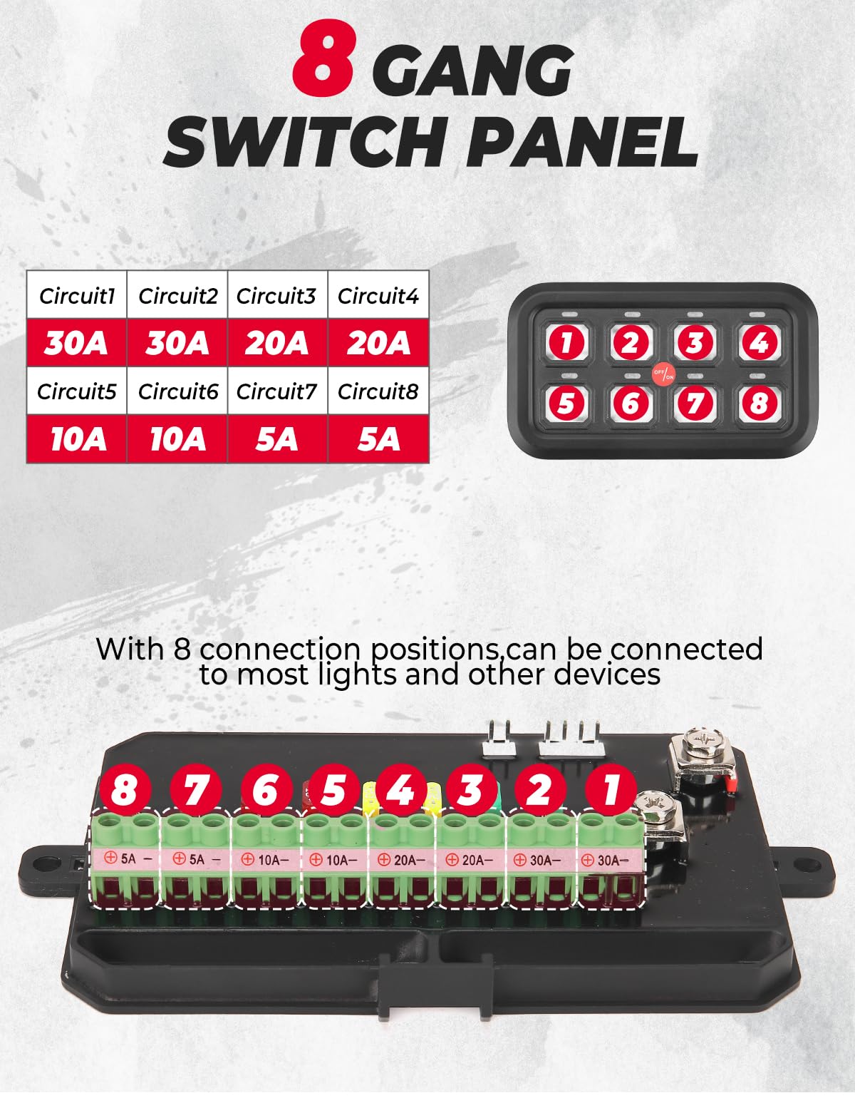 Photo of Kemimoto 12-24V 8 Gang Switch Panel for Cars, UTVs, Trucks, Wrangler & RZR X3 by Kemimoto - Premium for UTVs / Side by Sides