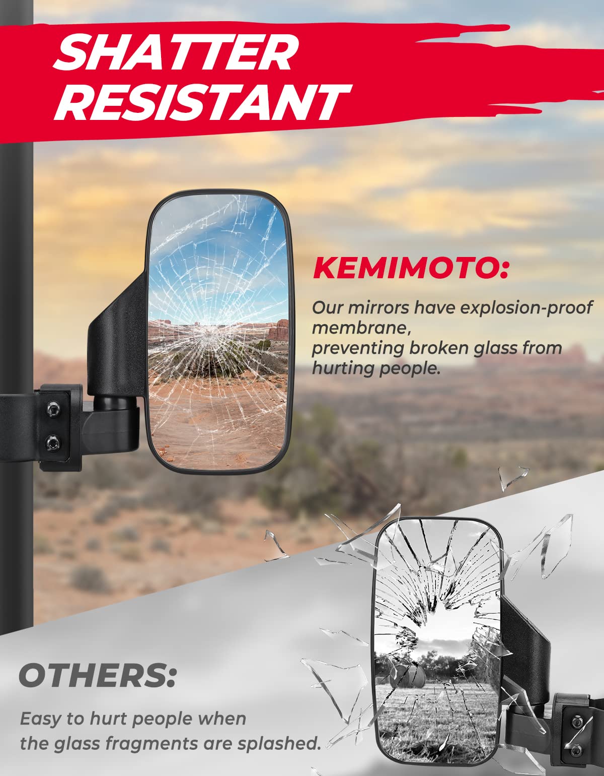 Photo of UTV 1.75"-2" Side View High Impact Convex Mirror for Can-am/Mule/Ranger/RZR by Kemimoto - Premium for UTVs / Side by Sides