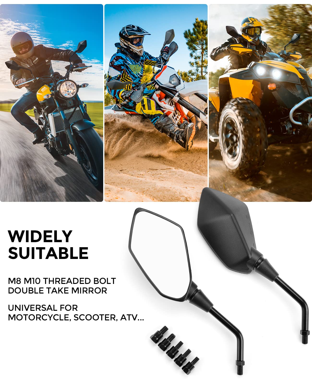 Photo of Universal Motorcycle Mirrors with M8 M10 Bolt by Kemimoto - Premium for UTVs / Side by Sides