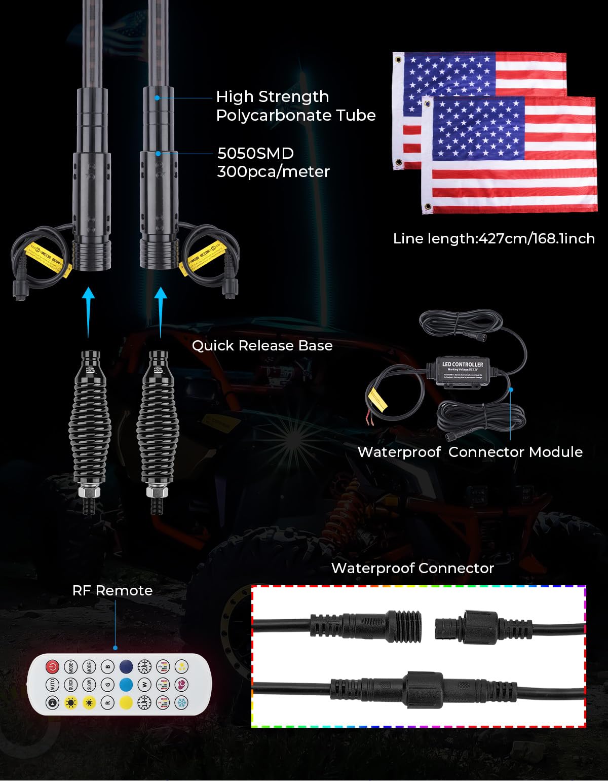Photo of UTV 2pcs 3ft / 4ft Whip Lights with Spring Base for X3 / RZR by Kemimoto - Premium for UTVs / Side by Sides