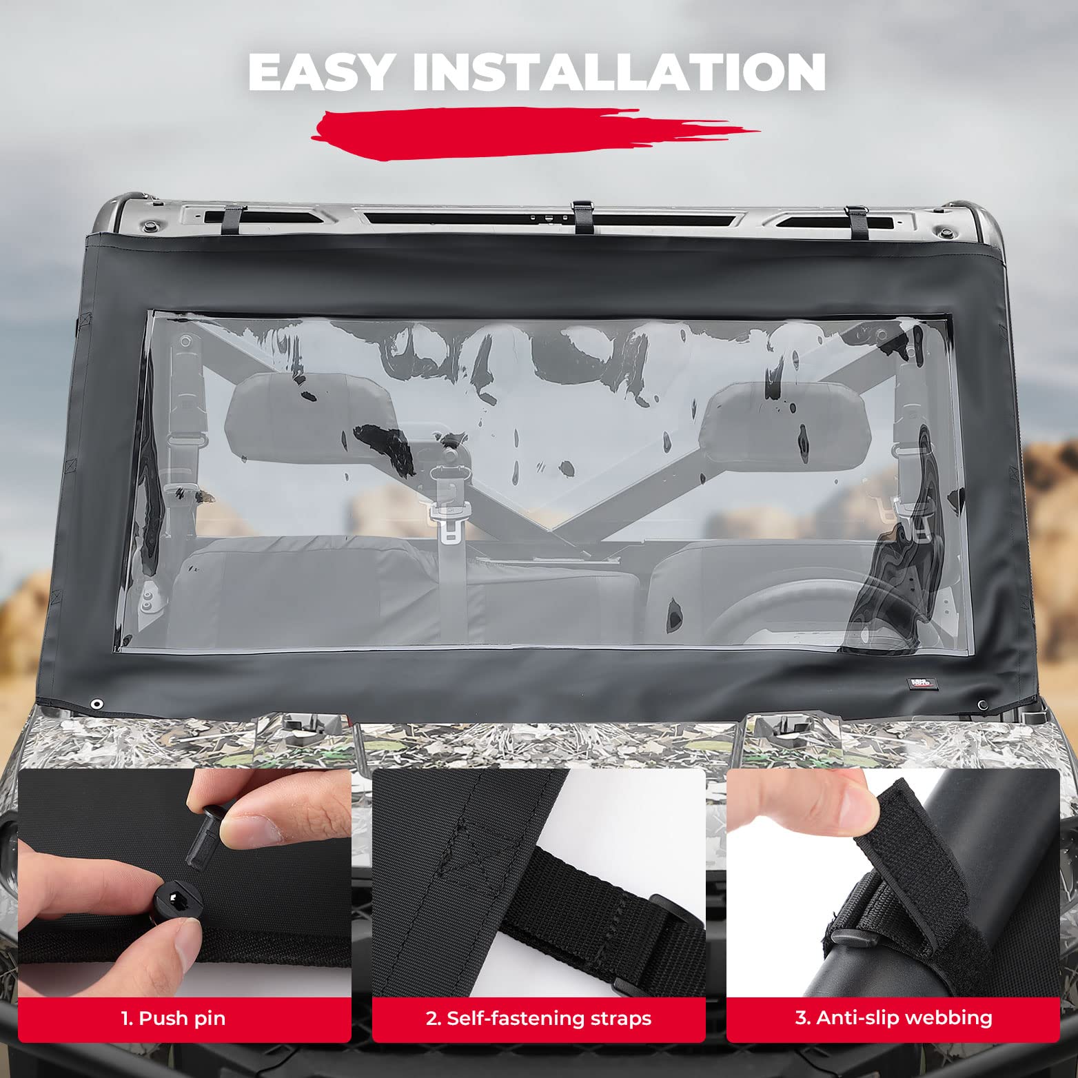 Photo of Soft Front Windshield, PVC Waterproof Panel for Ranger XP 1000 / Crew 2017-2024 by Kemimoto - Premium for UTVs / Side by Sides