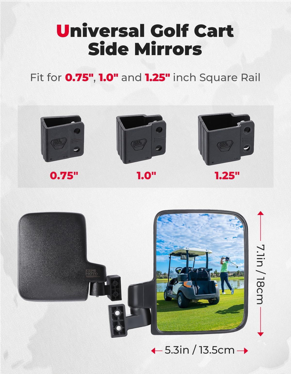 Photo of No-Drill Golf Cart Side Mirrors for EZGO, Club Car, Drive2, ICON by Kemimoto - Premium for UTVs / Side by Sides