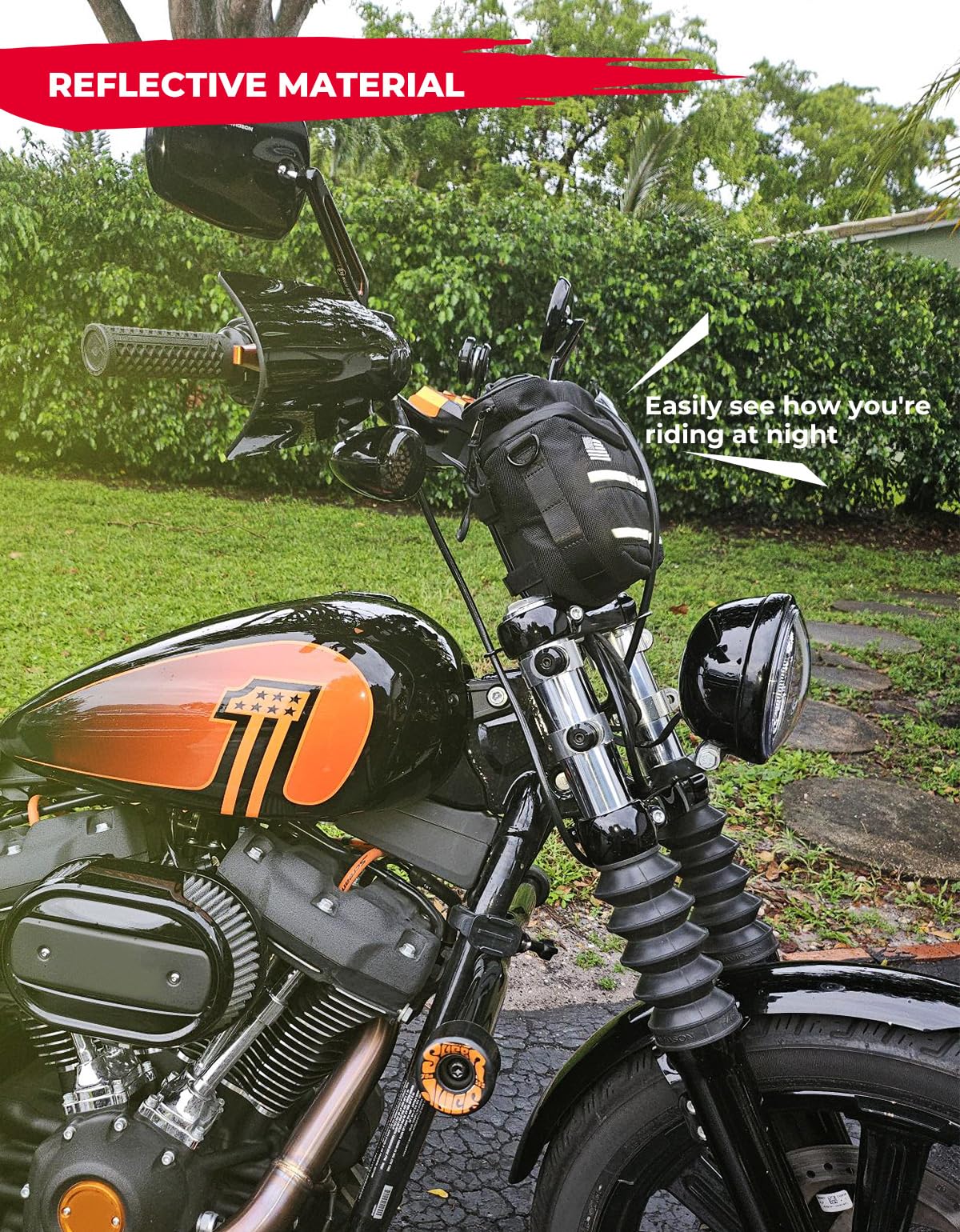 Photo of Motorcycle Handlebar Bag with Reflective Strips for Cruiser Softail Dyna Sportsters by Kemimoto - Premium for UTVs / Side by Sides