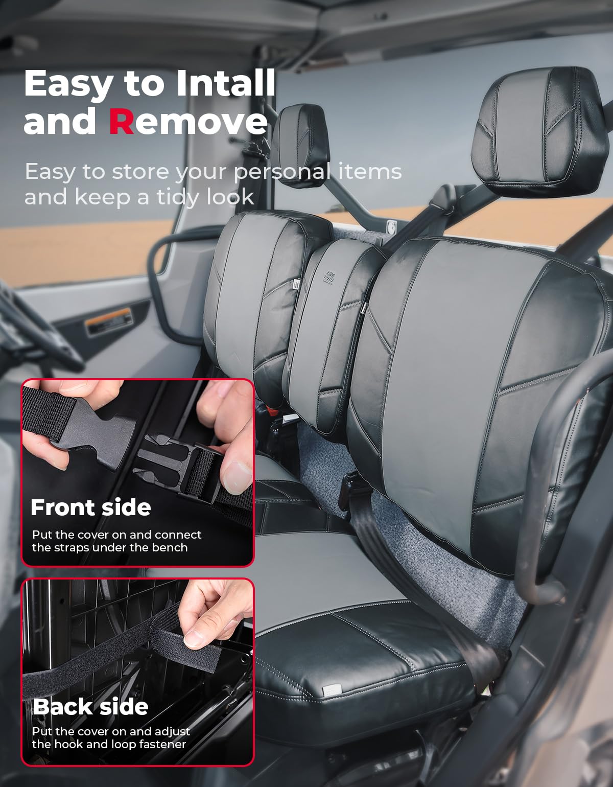 Photo of Split Bench Seat Covers Leather for Can Am Defender HD10|9|8|7 by Kemimoto - Premium for UTVs / Side by Sides