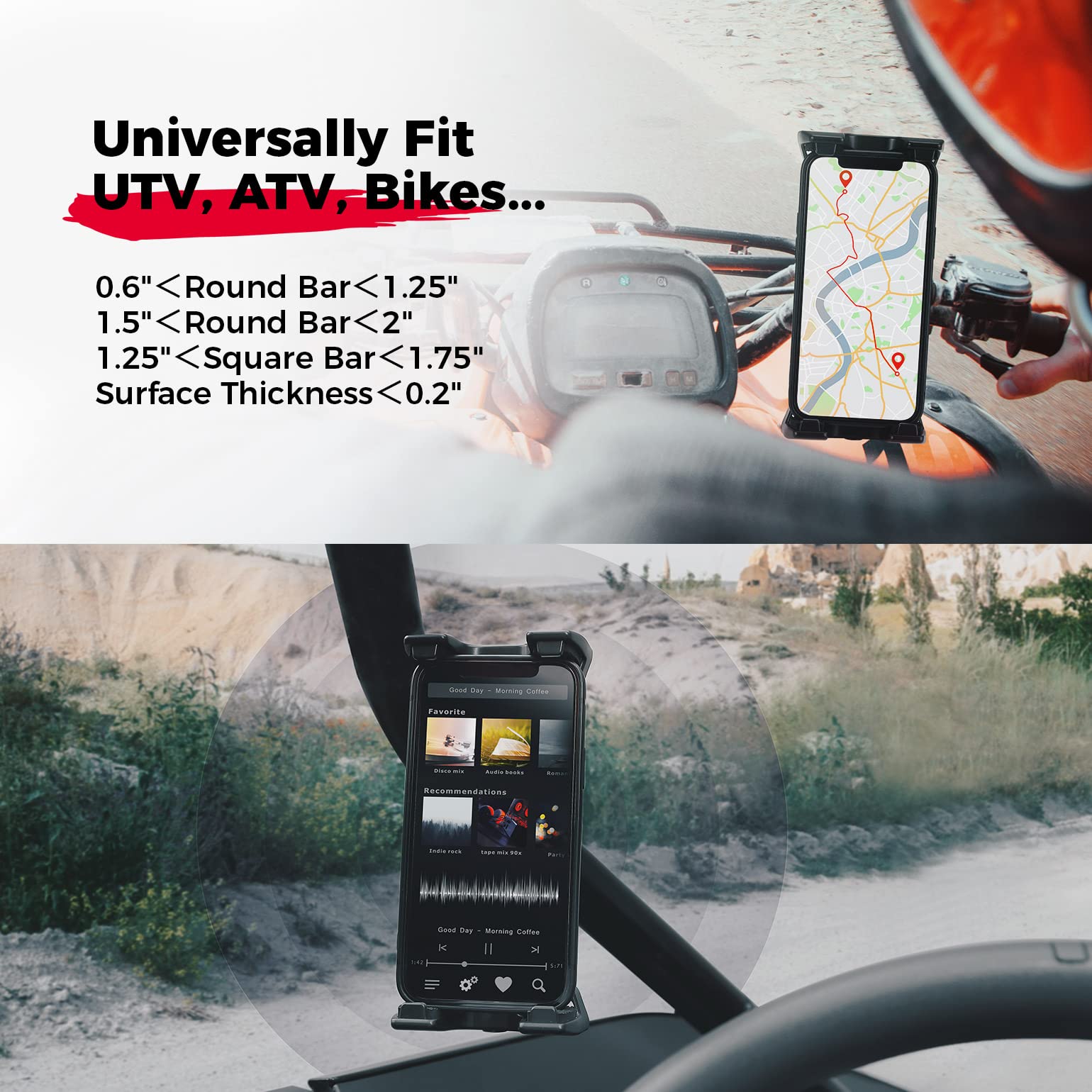 Photo of Phone Holder 720° Adjustable 4.7"-13" Clamps by Kemimoto - Premium for UTVs / Side by Sides