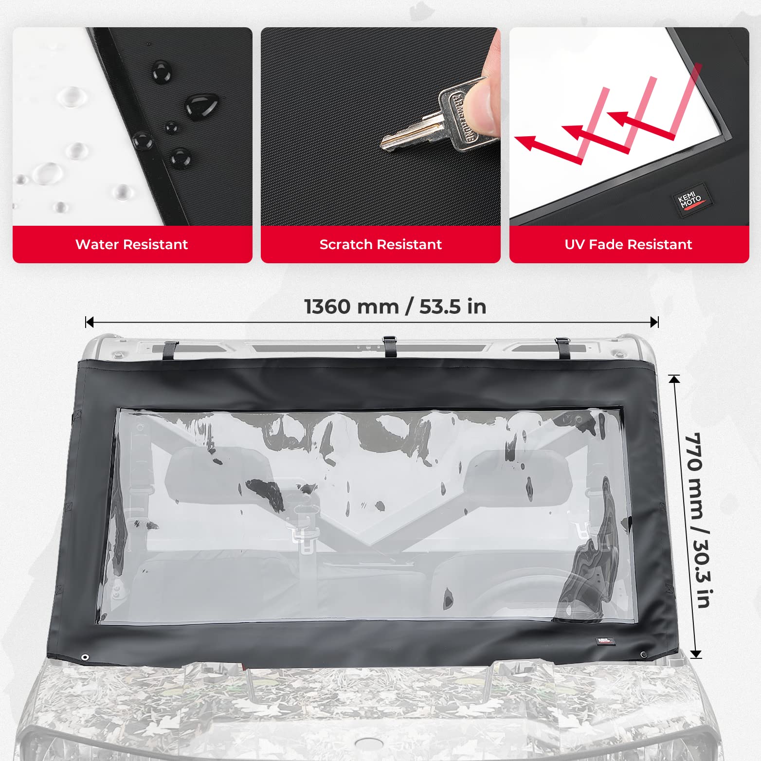 Photo of Soft Front Windshield, PVC Waterproof Panel for Ranger XP 1000 / Crew 2017-2024 by Kemimoto - Premium for UTVs / Side by Sides