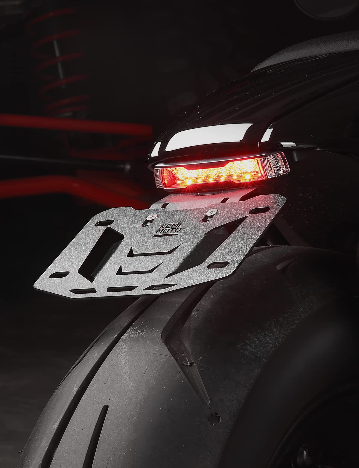 Photo of Motorcycle License Plate Bracket with LED Signal Light by Kemimoto - Premium for UTVs / Side by Sides