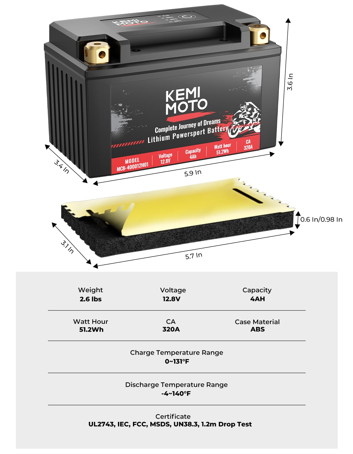 Photo of LiFePO4 12v 4Ah Lithium Battery for Motorcycle/ Lawn Mower/ ATV/ UTV by Kemimoto - Premium for UTVs / Side by Sides