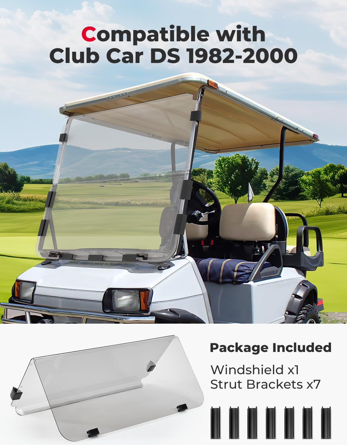 Photo of Kemimoto Foldable Golf Cart Windshield for Club Car DS (1982-2000) by Kemimoto - Premium for UTVs / Side by Sides